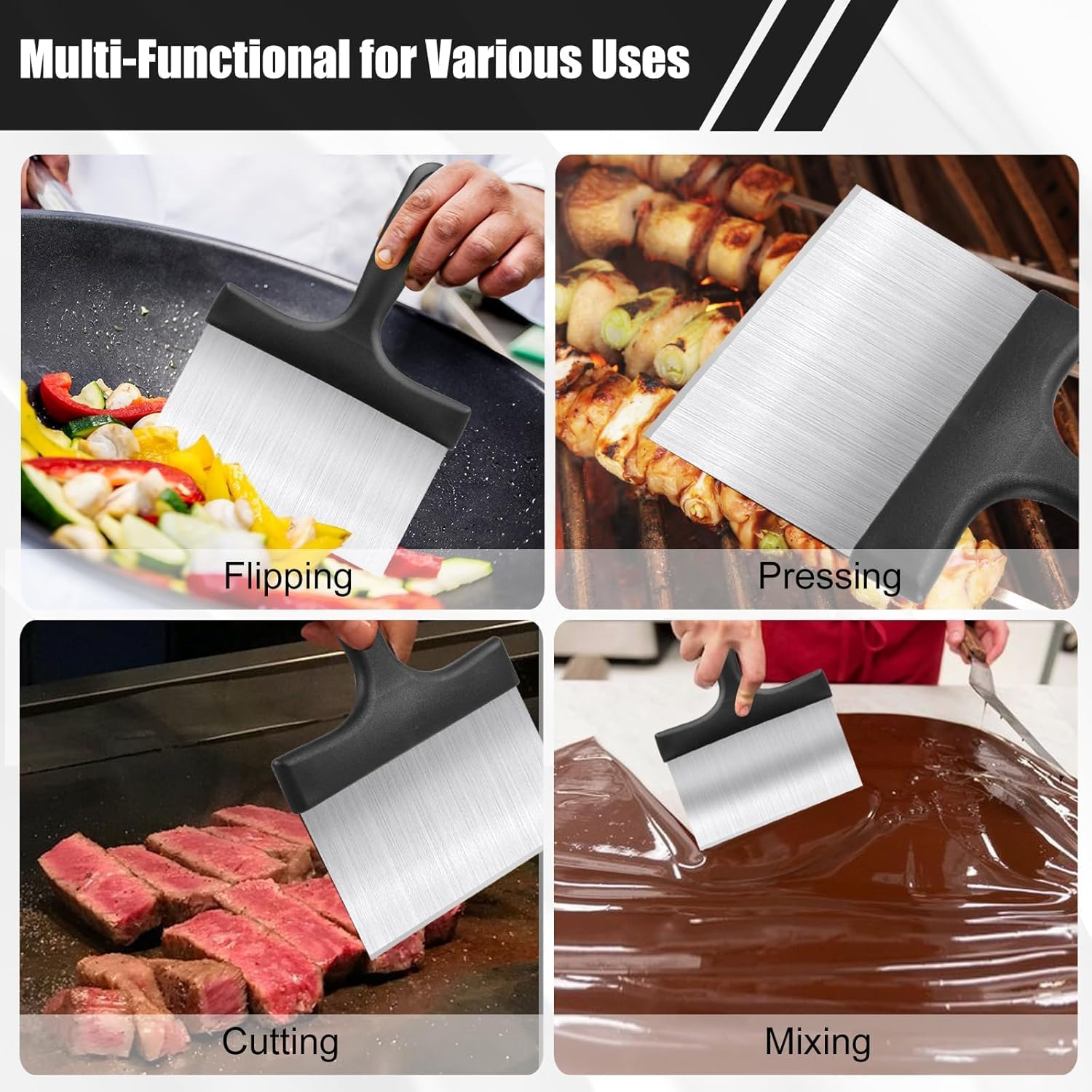 Quhoxdye Griddle Scraper, Stainless Steel Barbeque Food Scraper with Gloves, Steel Spatula with Handle, Sturdy Food Scraper Tool Kitchen for Grill Accessories, Outdoor Barbecue Turners Tools (Black) image number 4