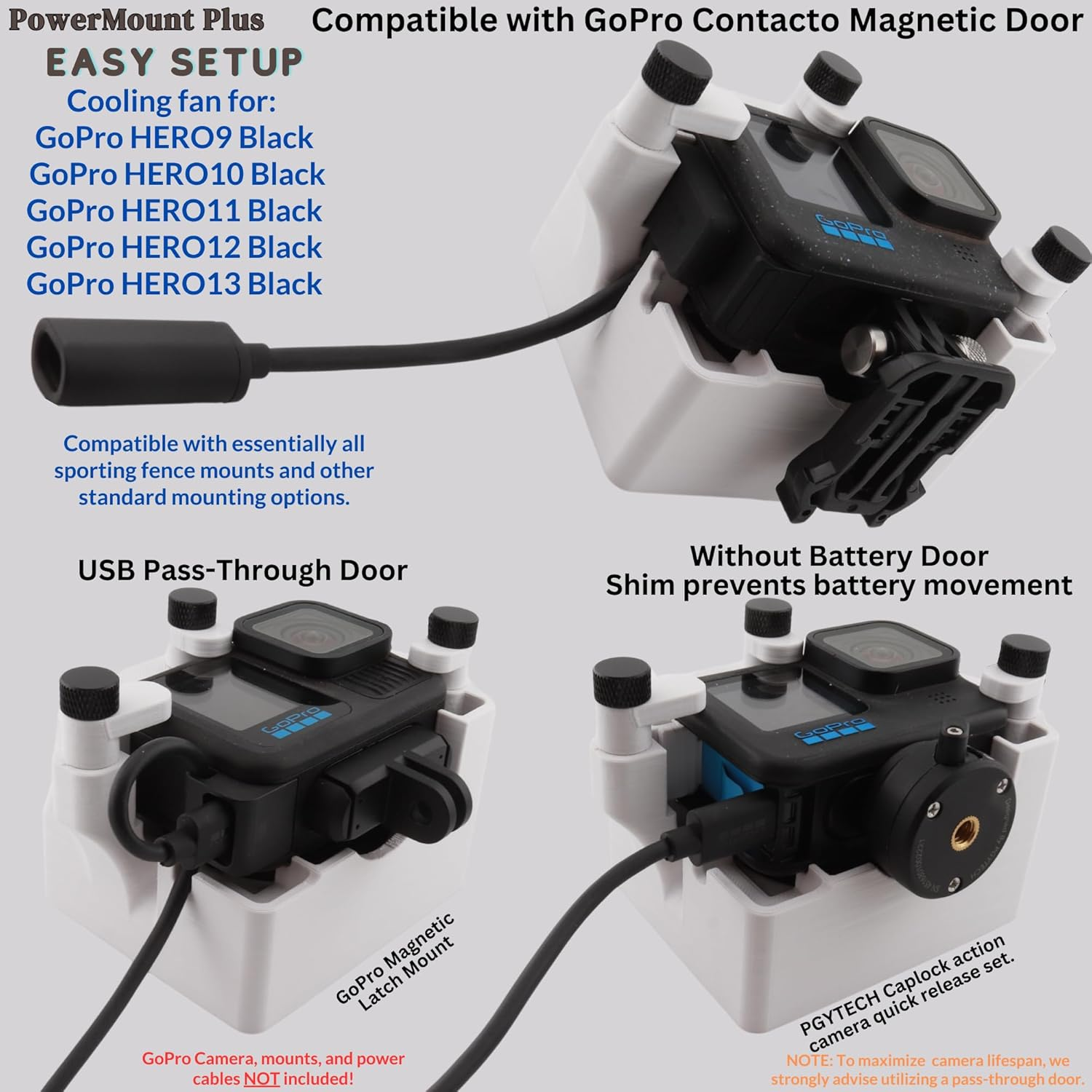 9Thirteen, Cooler Fan/Case. Works with Gopro HERO9, HERO10, HERO11, HERO12, HERO13, Reduce Overheating in Static Environments at Sporting Events,Vlogging (White, Powermount plus &ndash; Variable Speed Fan) image number 2