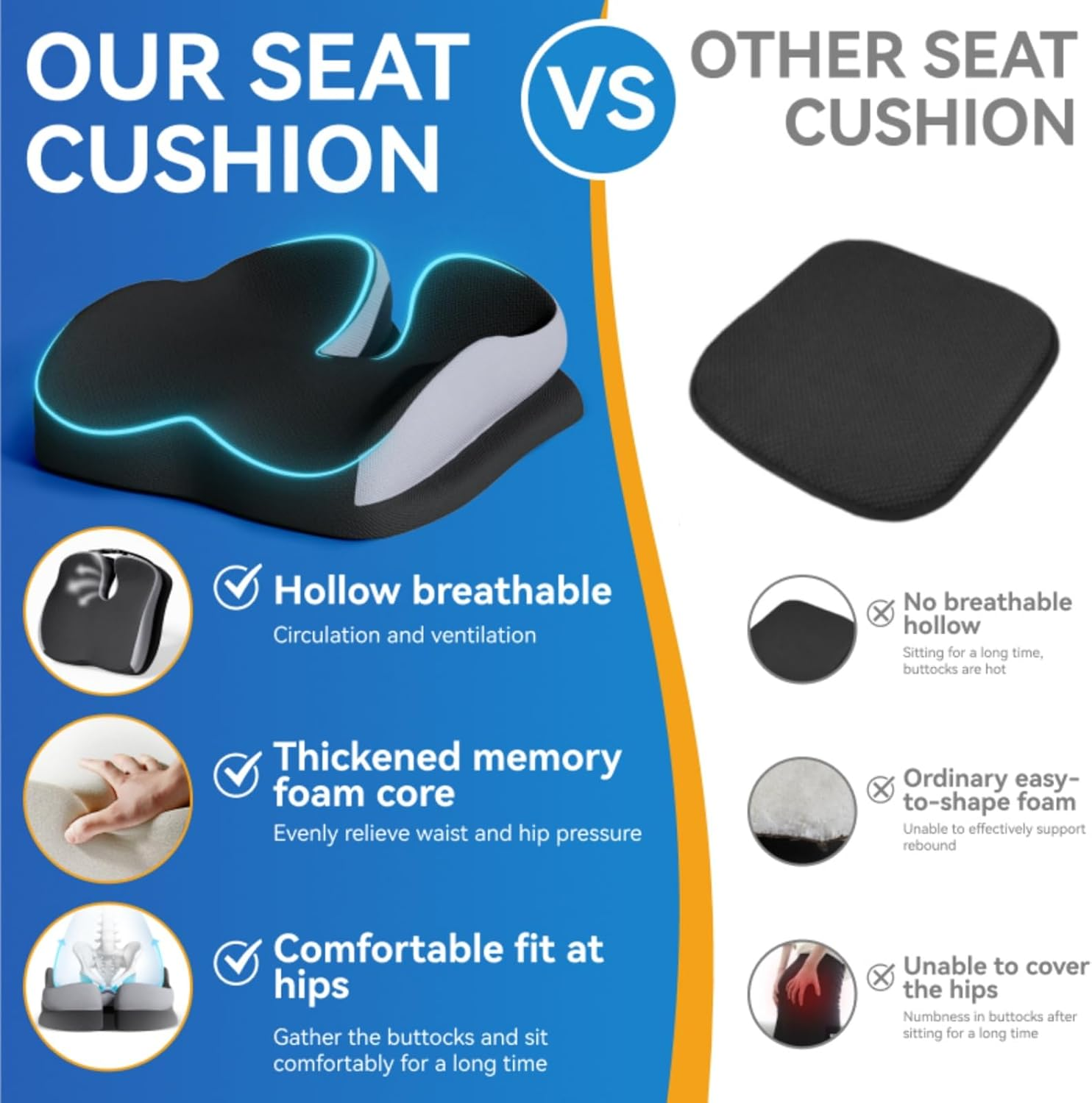 Seat Cushions for Office Chairs Wheelchair Cushion for Long Sitting Back Pain，Memory Foam Seat Car Computer Desk Chair Cushion，Coccyx Cushion for Tailbone Pain Relief Cushion Office Chair Butt Pillow - Black image number 5