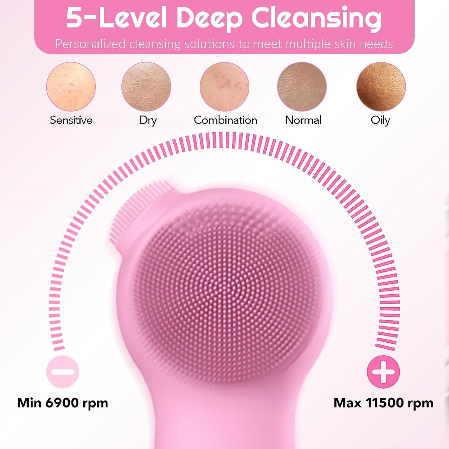 Facial Cleansing Brush Face Scrubber, Red Light / Blue Light Electric Face Scrubber with Nose Scrubber for Women/Men, Silicone Face Scrubber Exfoliator Thermal Massage, Waterproof Sonic Facial Cleansing Brush (Pink)