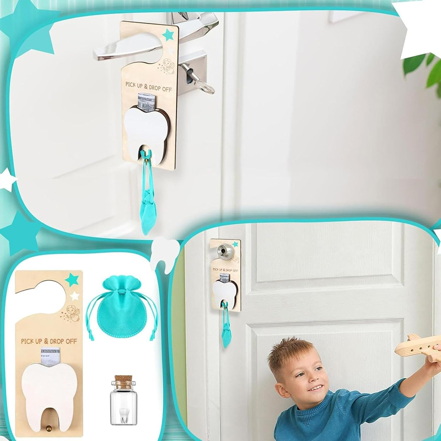 Tooth Fairy Door Hanger with Money Slot | Tooth Fairy Tooth Holder Bag,Tooth Fairy Tooth Holder for Lost Teeth,Velvet Pouch Tooth Fairy Box for Lost Teeth Boy Girl Encourage Gift image number 1