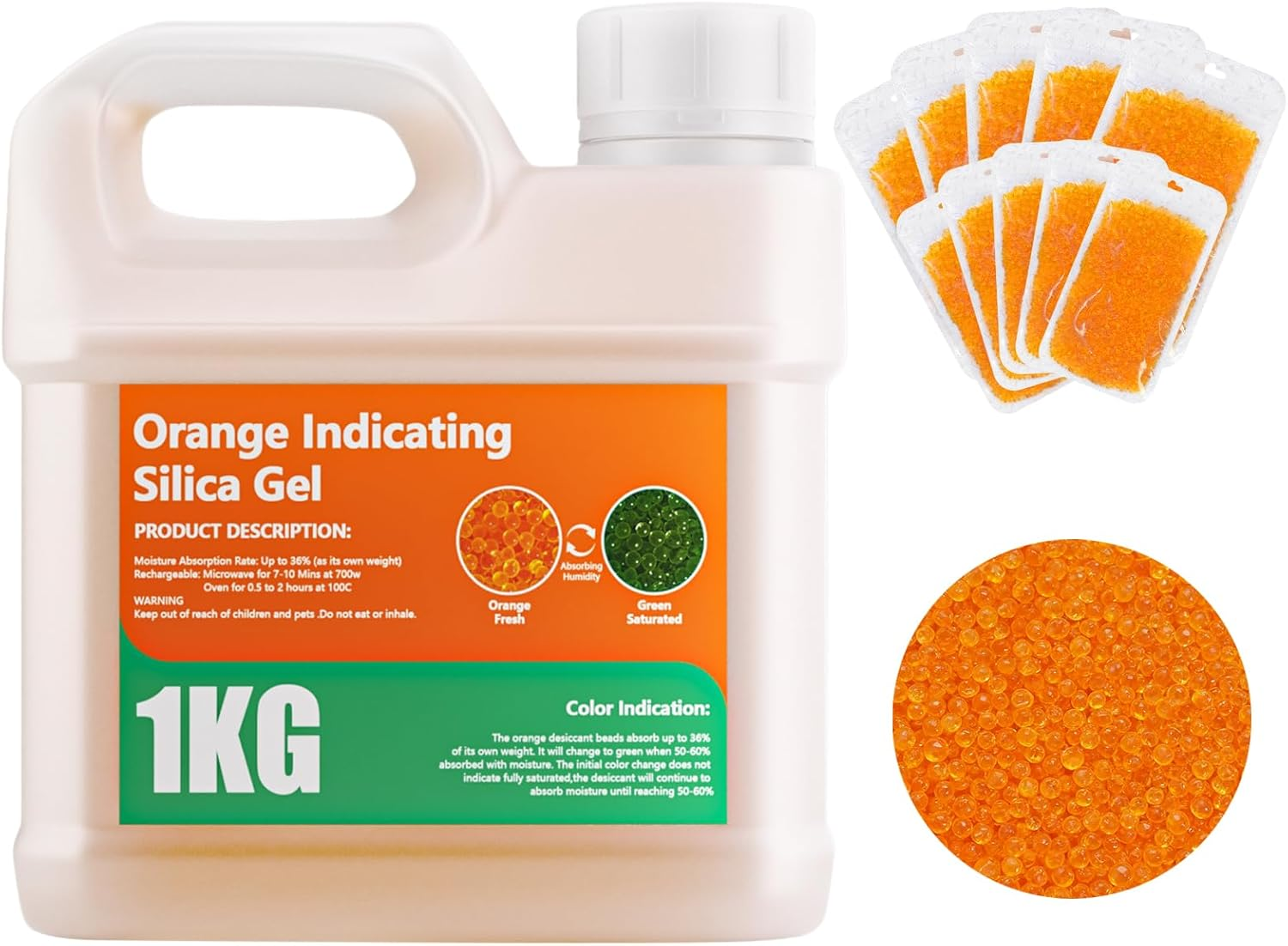 1KG Silica Gel Beads,Orange Moisture Indicating Rechargeable Silica Gel Desiccant Packets for 3D Printer Accessories, Filament Dryer,Filament Storage(Industry Standard 2-4Mm) image number 1