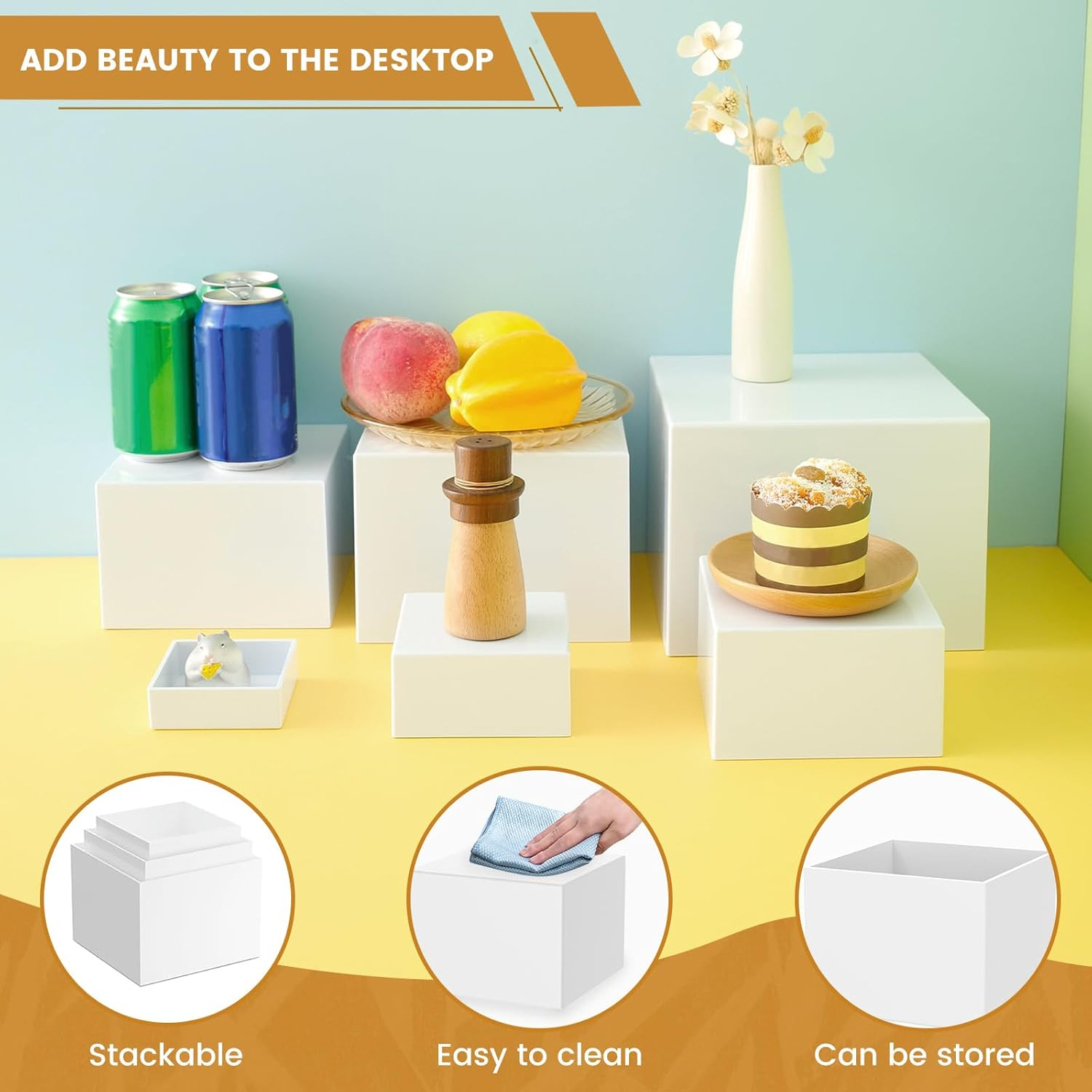 6 Pcs Acrylic Display Boxes Risers, 6 Different Sizes Stackable Buffet Stands, Food Display Risers for Party Buffet Table 3 Inch + 4 Inch + 5 Inch + 6 Inch + 7 Inch + 8 Inch (White)