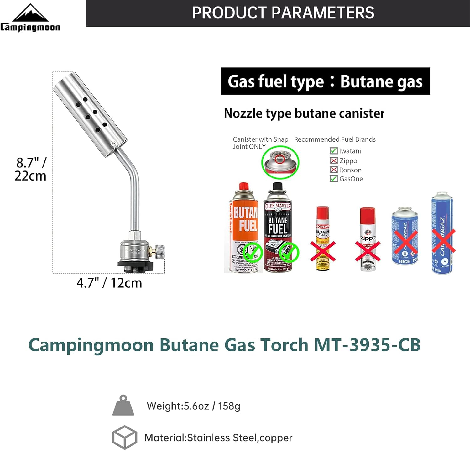 Campingmoon Butane Gas Torch High Power Kitchen Blow Torch for Cooking Flame Adjustable Gas Torch for Outdoor Charcoal Starter BBQ, Baking, Brulee image number 6