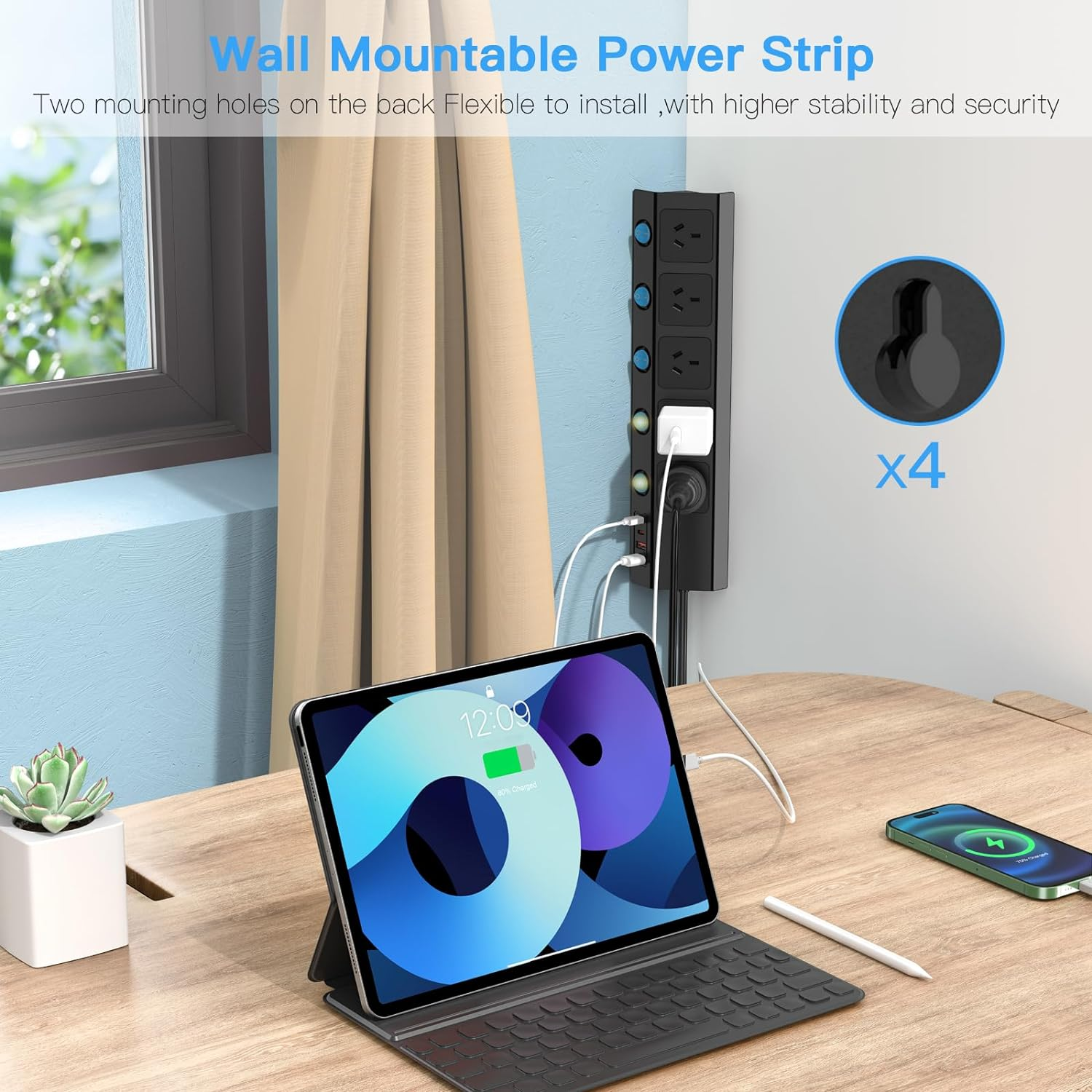 Yundian Power Strip with Individual Switches, 5 AC Outlets, 2 USB a and 2 USB C Surge Protector 2M Extension Cord, 2400W/10A, 170 Joules, USB Power Board Switch for Home and Office Use (Black) image number 2