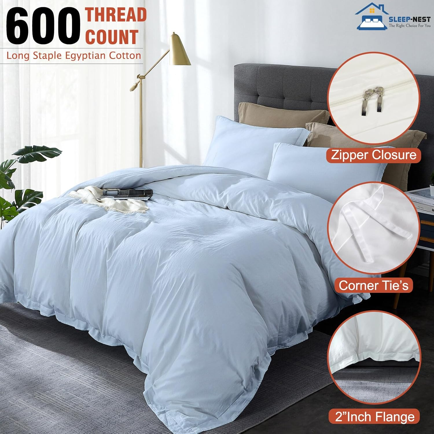 SLEEP-NEST Hotel Luxury Duvet Cover King Size 104"X90", 3 Piece All-Season Bedding Set with Zipper Closure & Corner Ties, 100% Egyptian Cotton, 600 TC, Extra Soft & Breathable Cover &ndash; Light Blue image number 3