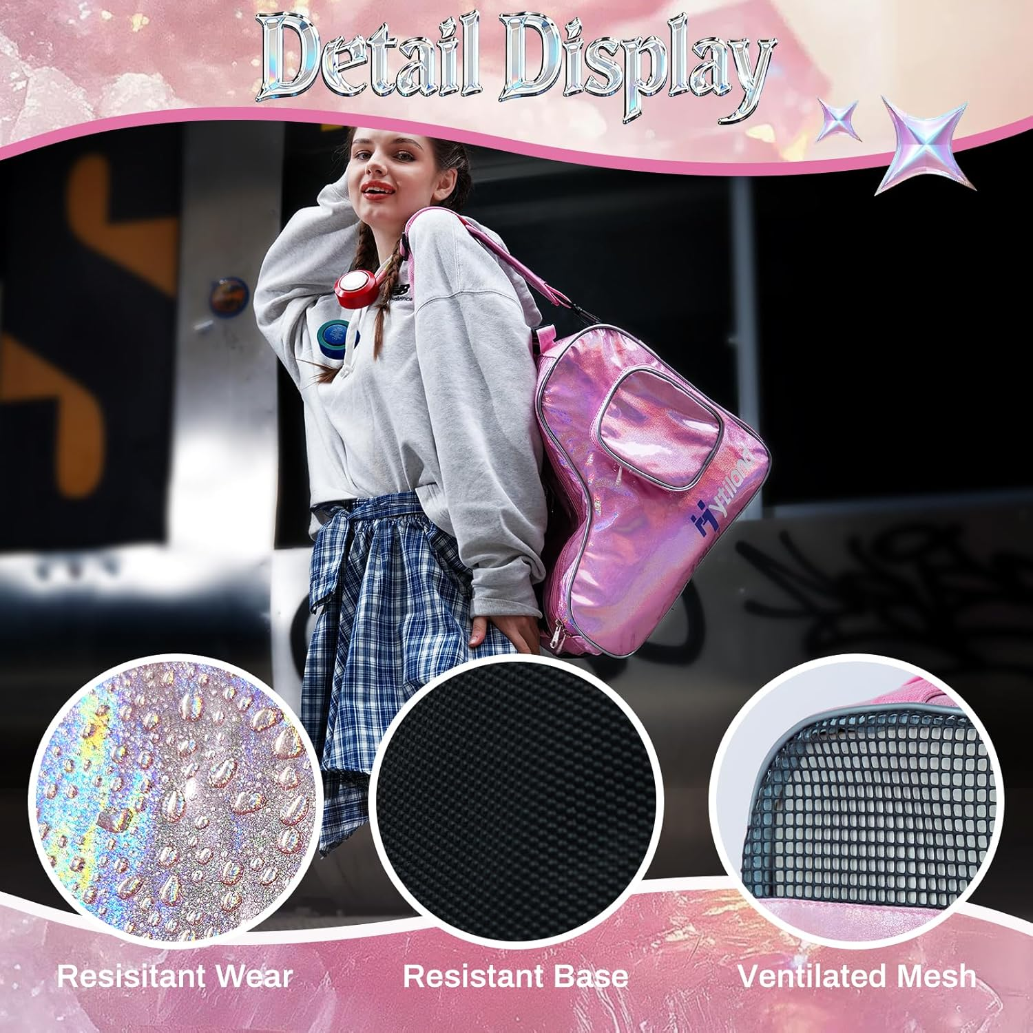 Roller Skate Bag Inline Skates Bag Stylish Plain Holographic Fashion Model Spacious Big Capacity Ice Skate Bag Breathable Mesh Waterproof & Durable Figure Skating Bag for Women and Youth - Silver image number 3