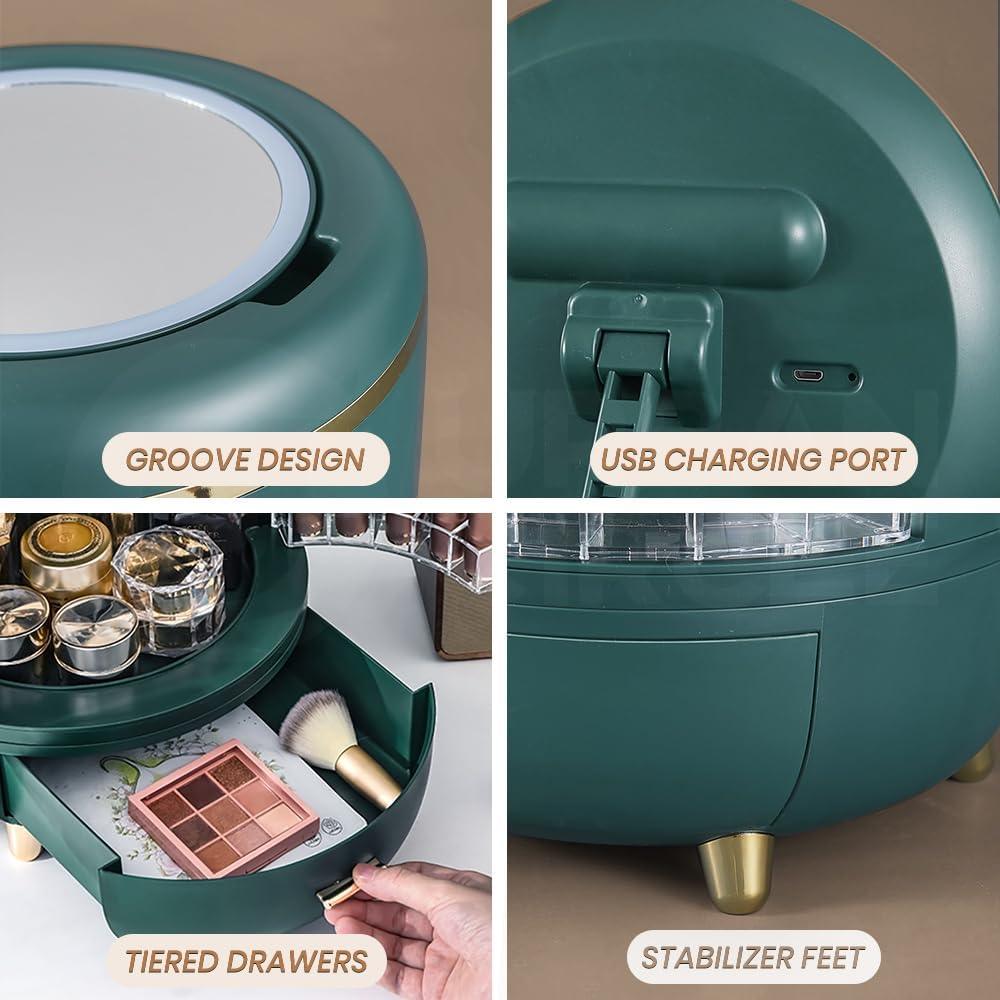 Furb Makeup Organisers - Waterproof Storage Box with LED Mirror, Dustproof Cosmetic Vanity Cases with 2 Drawers, Multi-Function Desk Cosmetics Display Storage Box (Green) image number 5