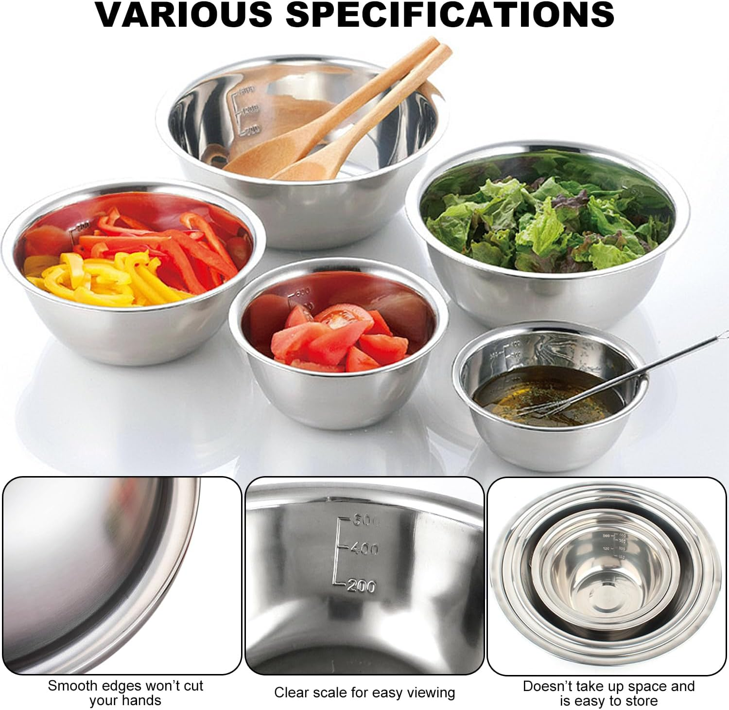 Stainless Steel Mixing Bowls Set of 5, Nesting Whisking Bowl Set, Space-Saving Storage, Metal Mixing Bowls for Baking, Prepping, Cooking and Serving Food, Salad, Vegetables image number 5