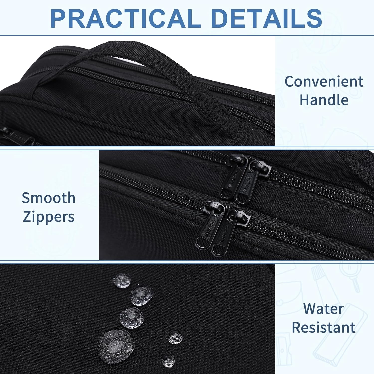 Pencil Case for School, Vaschy Large Cute Pencil Case Kids Pen Bag W Zippers Top Handle for Teens,Students,Adults School Supplies Organizer Black - Blue image number 3