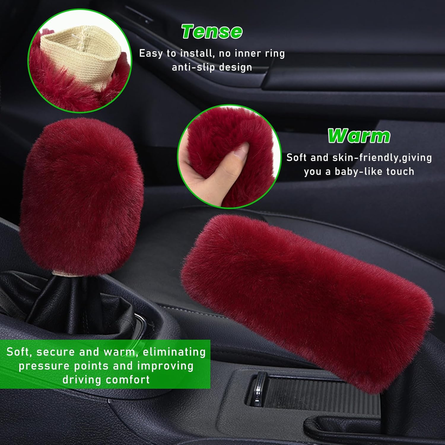 Ziciner 2PCS Plush Car Gear Shift Knob Cover & Handbrake Cover, Comfortable Anti-Slip Auto Shift Knob Protector, Fluffy Warm Hand Brake Handle Cover, Interior Car Accessories (Wine Red) - Beige image number 5