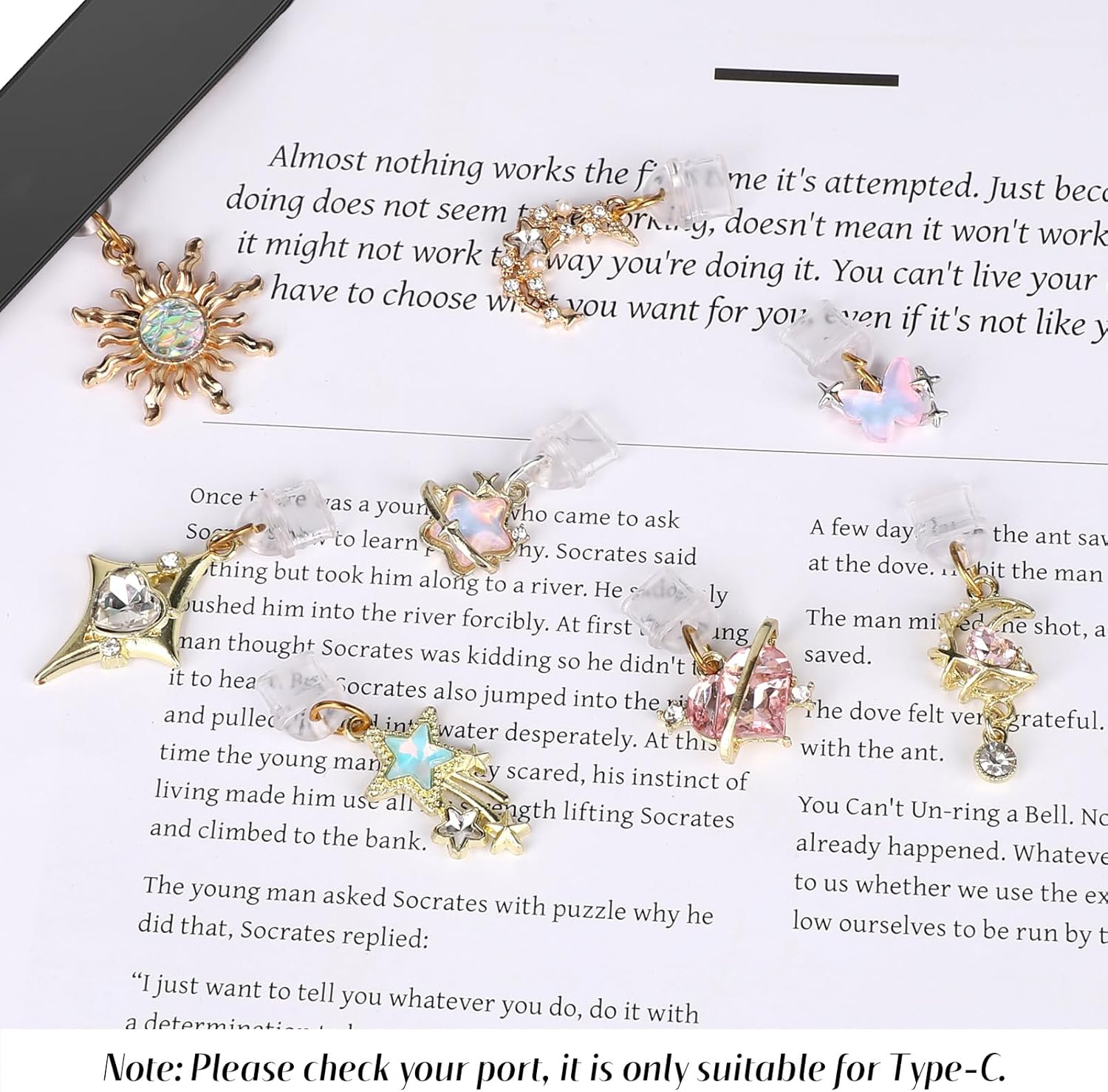 8Pcs Aesthetic Dust Plug Charms, Vintage Fantasy Star Moon Sun Heart Butterfly Pendant Y2K Type C & USB-C Charging Port Covers for E-Reader Smart Phone