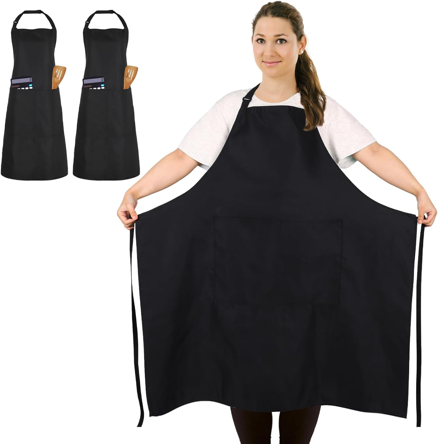 2 Pcs plus Size Chef Apron, Unisex Apron with 2 Pockets for Cooking, Grilling, BBQ, Work, Professional Apron for Waiter Artist Hairdresser (Large Size)