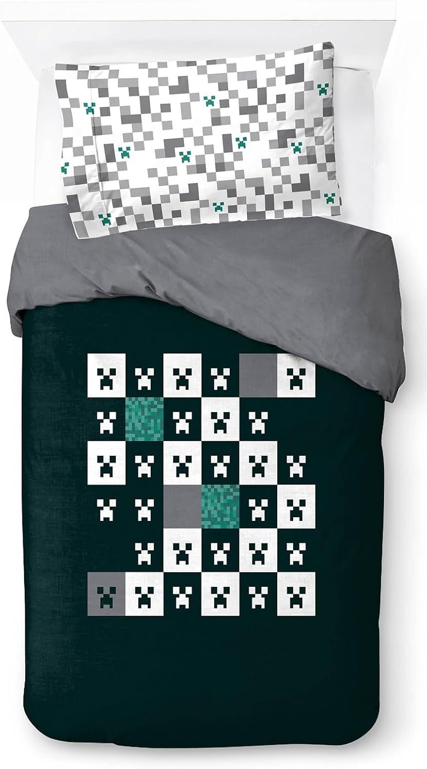 Jay Franco Minecraft Creeper Checkerboard 100% Cotton Bed Linen Set Duvet Cover Set for One Person - Includes 50 X 70 Cm Pillowcase