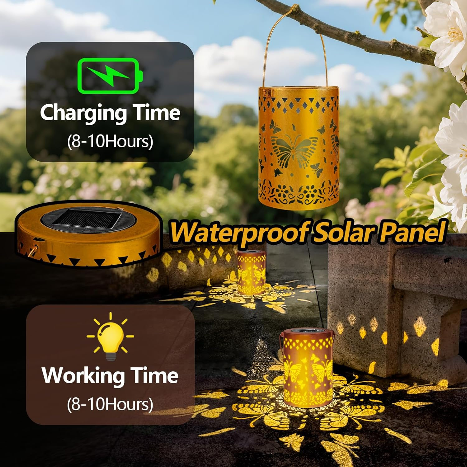 Solar Lanterns Outdoor Waterproof Butterfly Garden Lantern Birthday Holiday Gifts for Women Mom Grandma, Hanging Solar Lights Metal Decoration outside for Yard, Patio, Backyard, Porch, 2 Pack image number 6