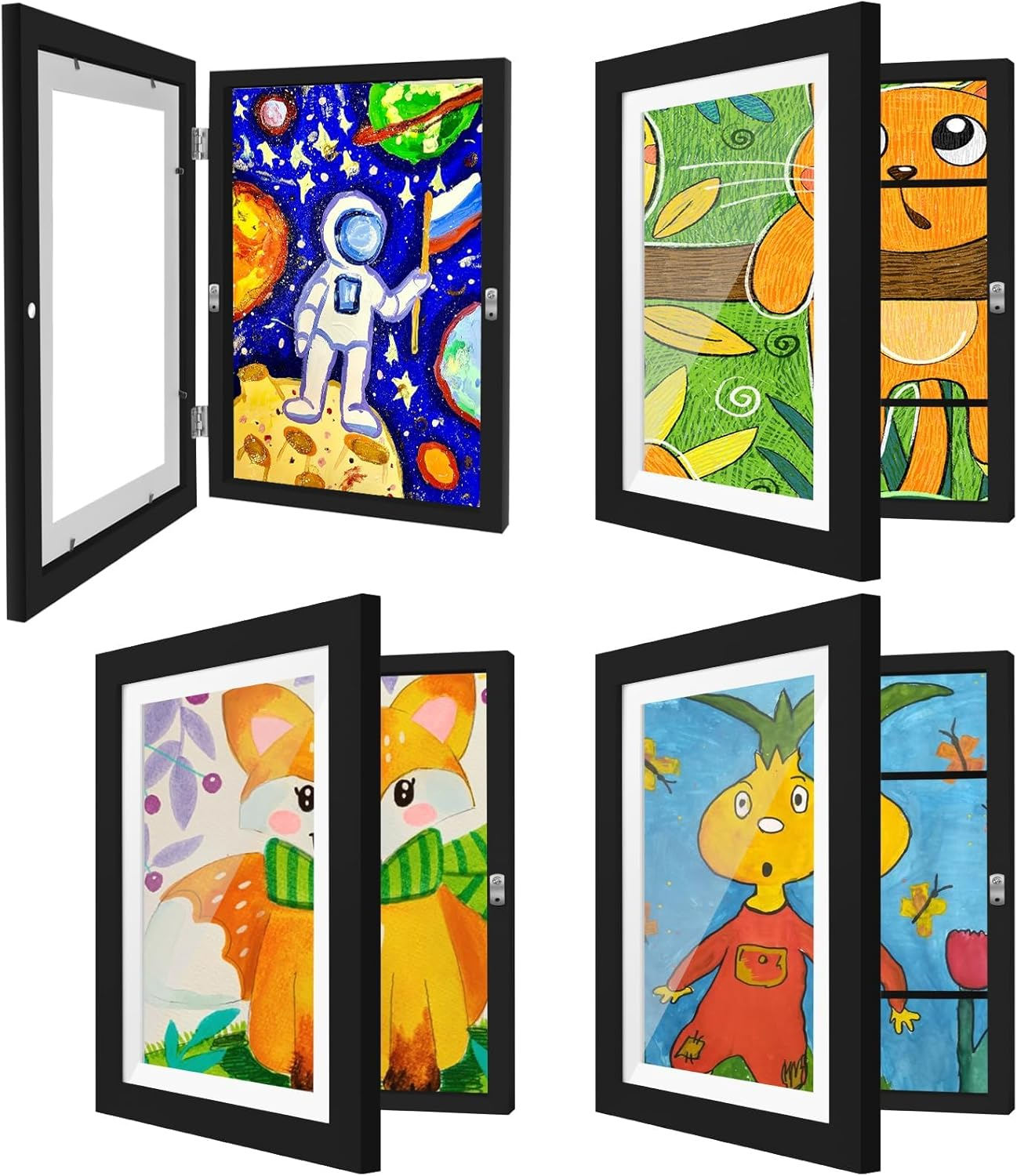 A4 Kids Art Frames 4 Pack Kids Artwork Flip Frame Changeable for Picture Display, Children School Drawing Projects Storage, Horizontally Vertically Wall Hanging, Storage A4 120 Pictures (White)
