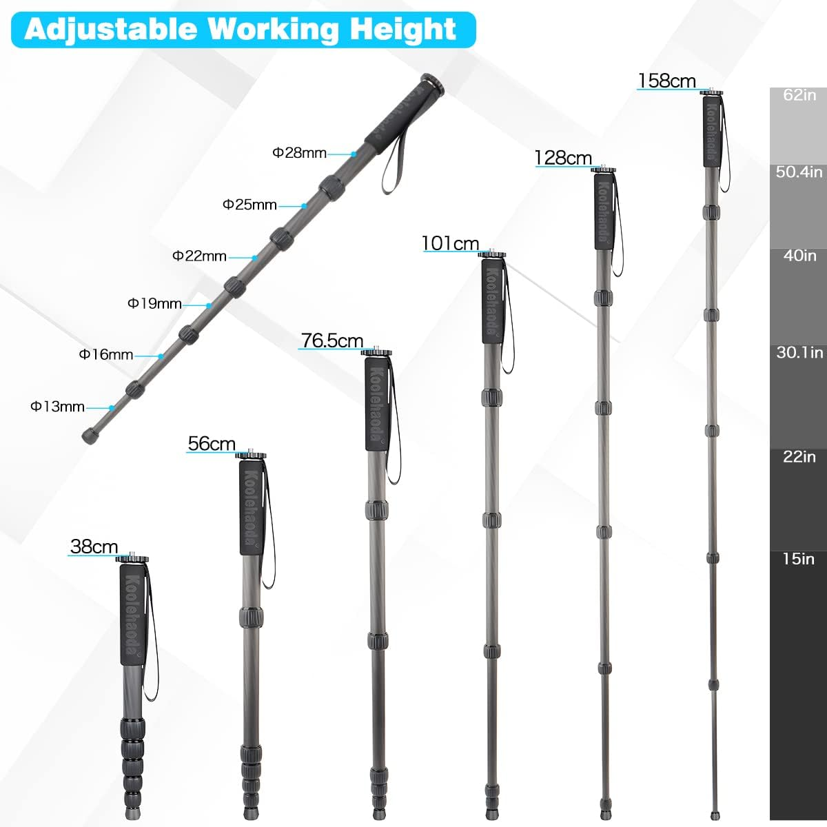 Koolehaoda Carbon Fiber Monopod, 6-Section Portable Compact Camera Monopod Unipod Stick. Max Load 22Lbs/10Kg - MP286C