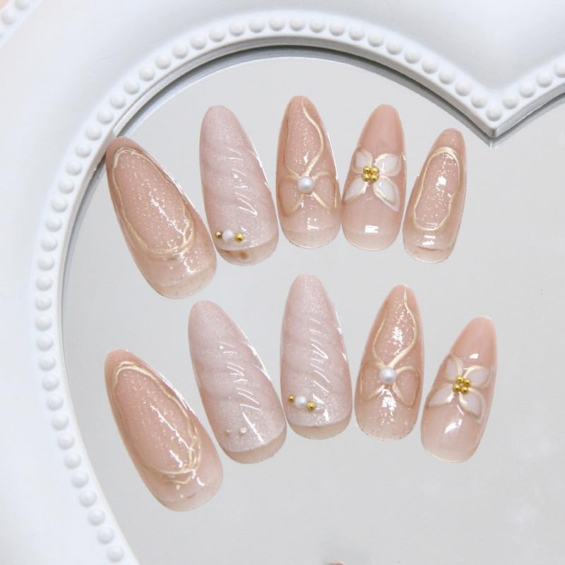 LYMCY Press on Nails, 3D Gilded Outline Flowers, Pearls, Bow, and Pearlescent Waves Fake Nails, Artificial Nails for Women and Girls -24 Pcs image number 5
