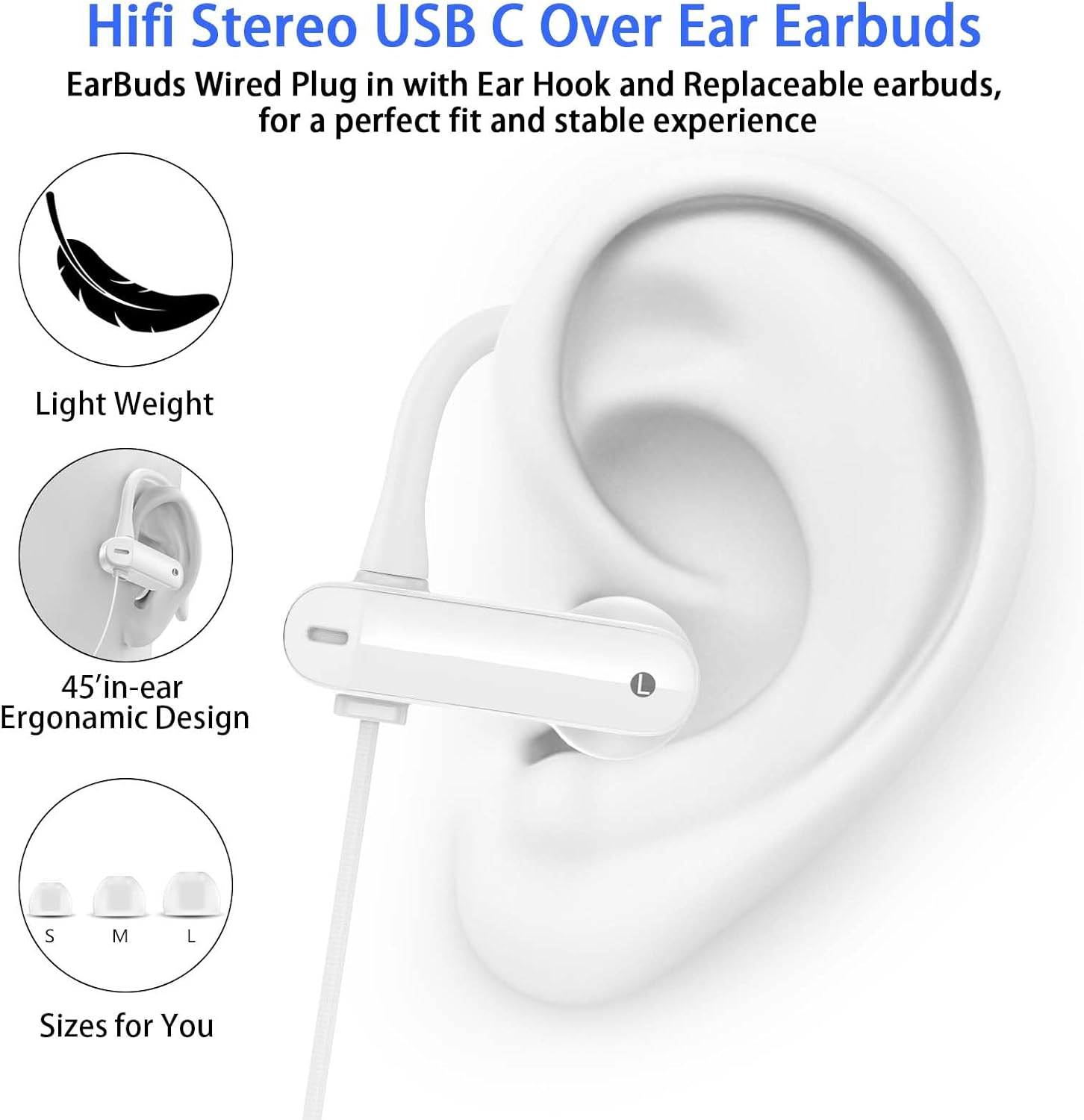 USB C Earbuds Wired over Ear Headphones for Iphone 17 16 Pro Max Samsung S25 S24 Ultra A17 A16,Type C Sport Headphones Wired Earphones with Ear Hooks &Loop Microphone for Ipad Pro Air Galaxy Z Fold 7 image number 2