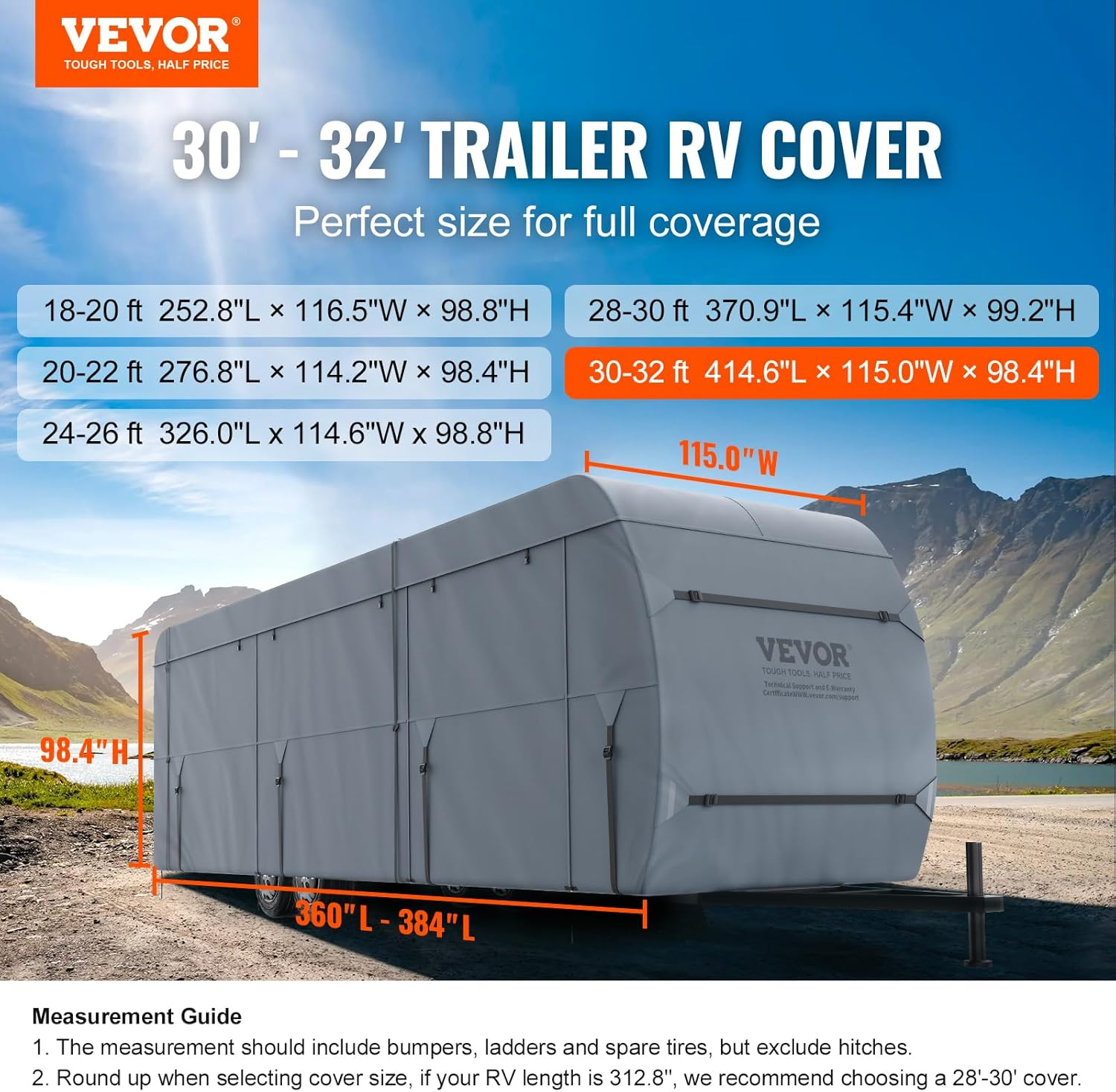 VEVOR Travel Trailer Cover, 9.1-9.8M RV Cover, 4-Layer Non-Woven Fabric Camper Cover, Waterproof, Windproof and Wear-Resistant Class a RV Cover, Rip-Stop Camper Cover with Storage Bag and Patches image number 2