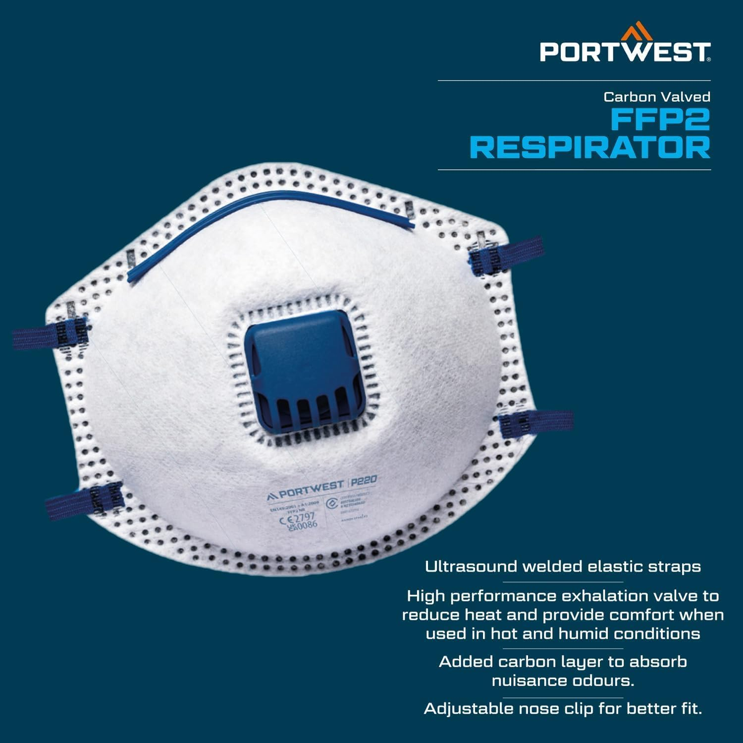 Portwest P220 Disposable FFP2 Carbon Valved Respirator Face Mask (Pack of 10) White image number 5