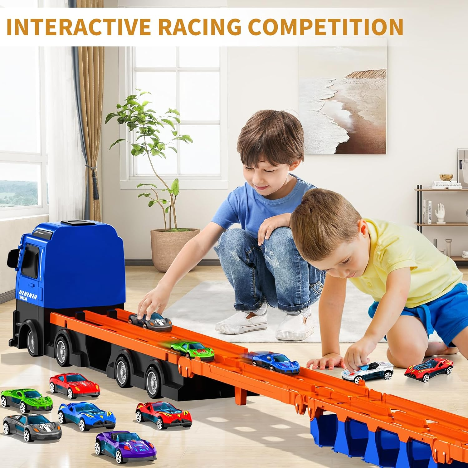 MSKOLER 78.7-Inch Race Cars Track Truck Toys for Boys 2 3 4 5 6 7 Years Old - Transport Carrier Trucks, Foldable Track Storage, Die-Cast Cars, for Toddlers & Kids Aged 3-5 - Red Truck Toy image number 6