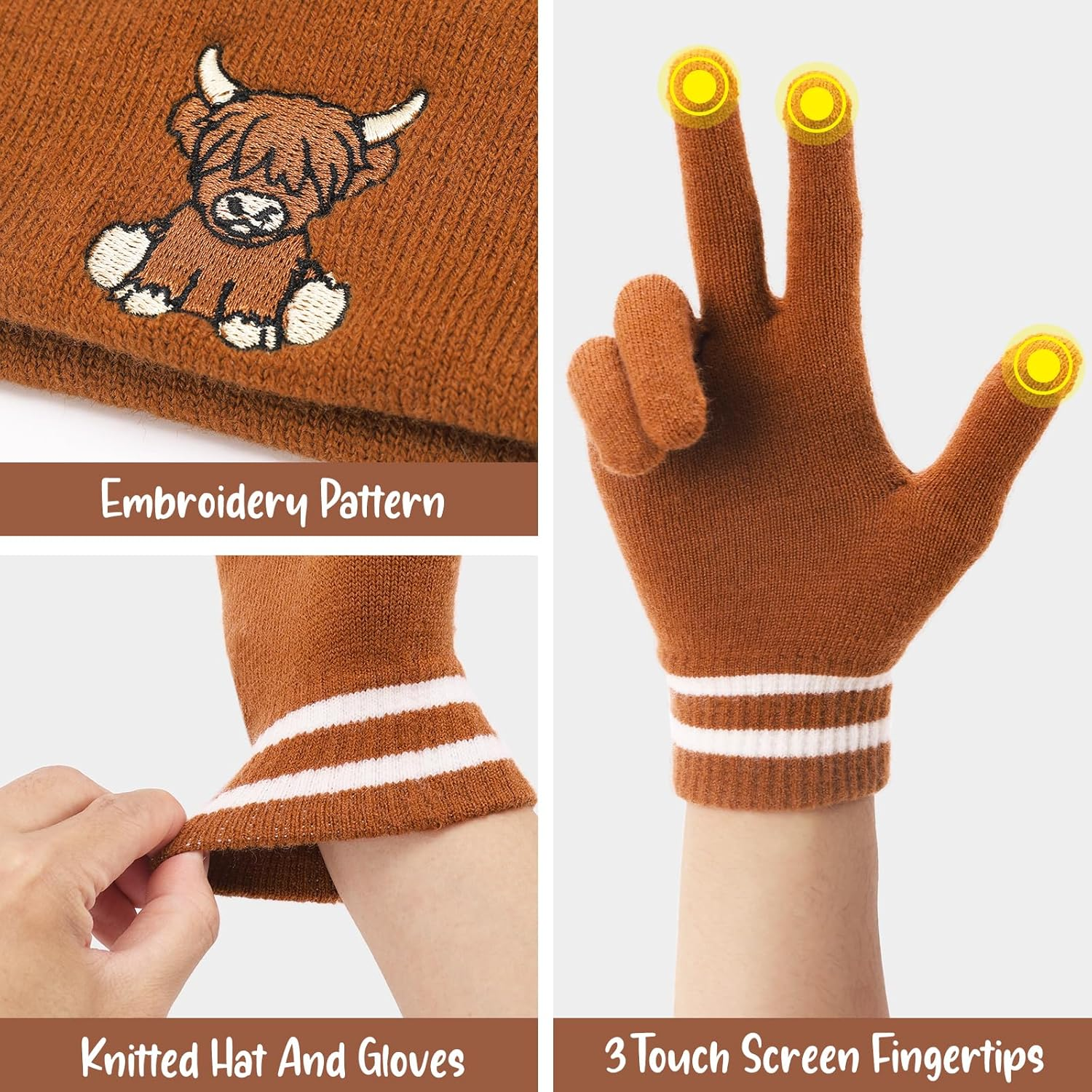 Vansolinne Highland Cow Beanie Hat and Gloves Women Winter Knitted Hat and Gloves Highland Scottish Cow Soft Cap and Gloves for Cold Weather Winter Accessories Gift for Her, Brown, Standard image number 3
