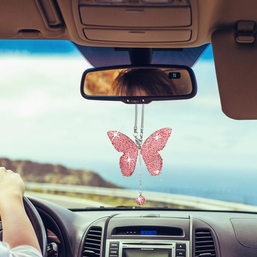 2 Pcs Rear View Mirror Accessories for Women, SENHAI Bling Butterfly Diamond Car Mirror Hanging Accessories and Rosary Beads Catholic Cross Car Decor, Home Decor Valentine'S Day Gifts image number 5
