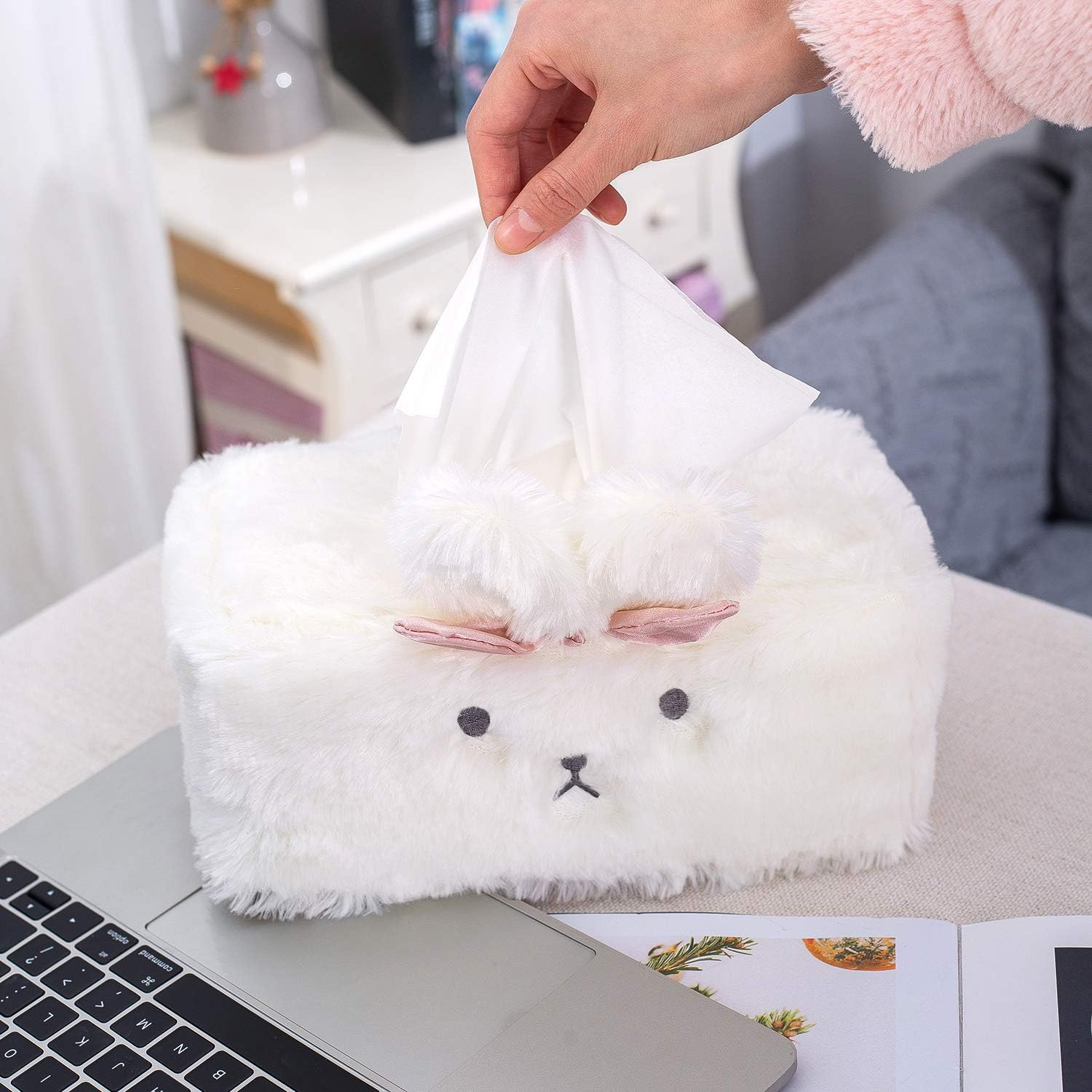 SQUISHY DOT Cute Tissue Box Cover, Tissue Box Cover, Tissue Holder Decorative, Fluffy Plush Cover, Office Desk, Bedroom/ Living Room and Car Accessories, Bunny Rabbit Tissue Box Cover, Kawaii Plush image number 3