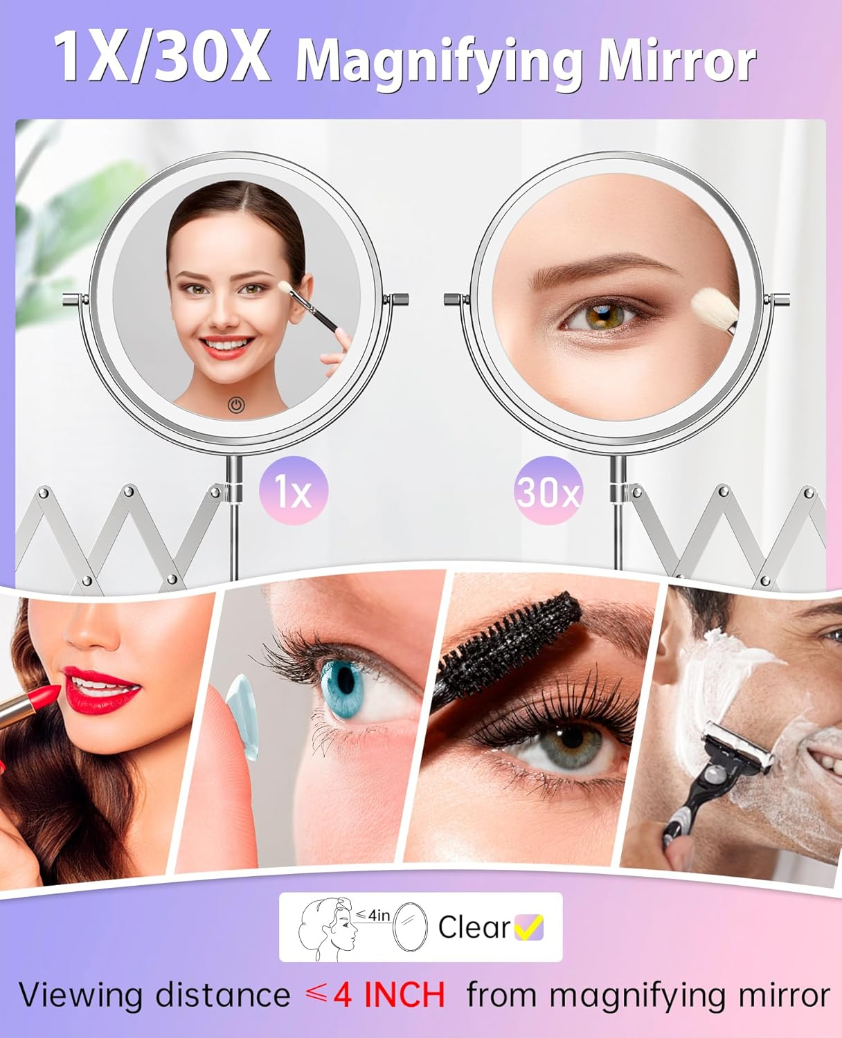 FUNTOUCH USB Rechargeable Cosmetic Mirror with 1X/10X Magnification, 3 Colours Lighting, Touch Screen Dimming, Extended Arm Makeup Mirror, 360&deg; Rotatable Wall Mirror for Bathroom and Hotel image number 6