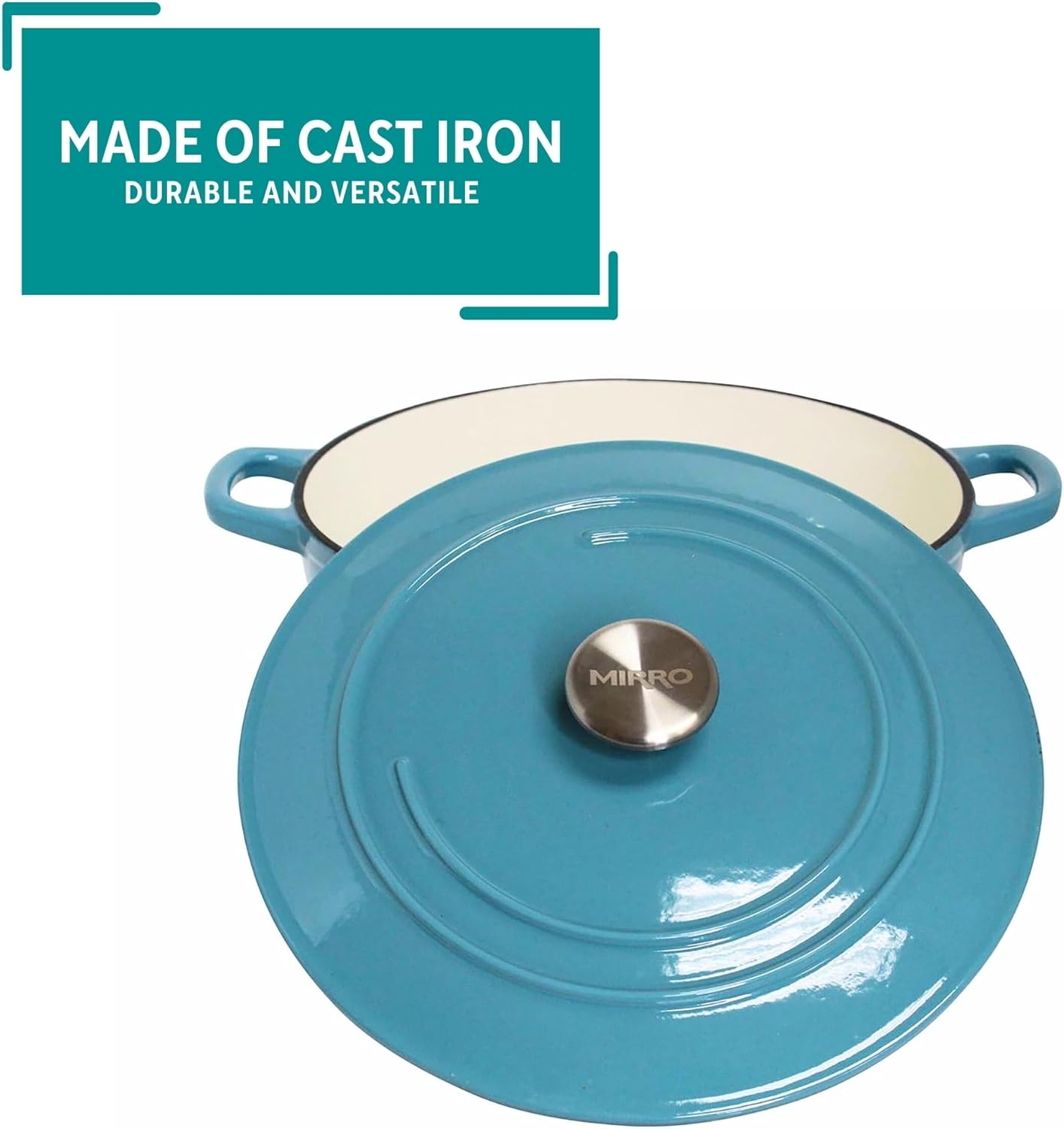 Mirro MIR-19063 4.8 Quart Cast Iron White Enamel Coated Interior Dutch Oven, Teal, Ready to Use image number 5