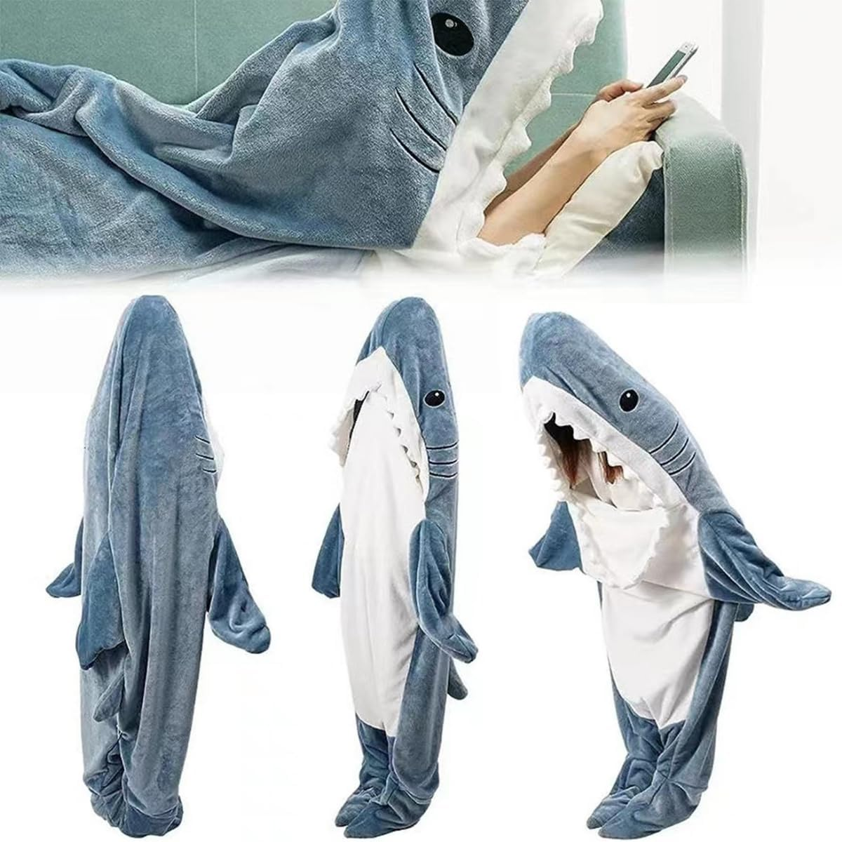 Blue Shark Hooded Blanket Hoodie for Adult Kids, Cozy Soft Flannel Fleece Jumpsuit Costume, Shark Onesie, Wearable Blanket, Animal Blanket with Feet (Blue Shark, M) image number 2