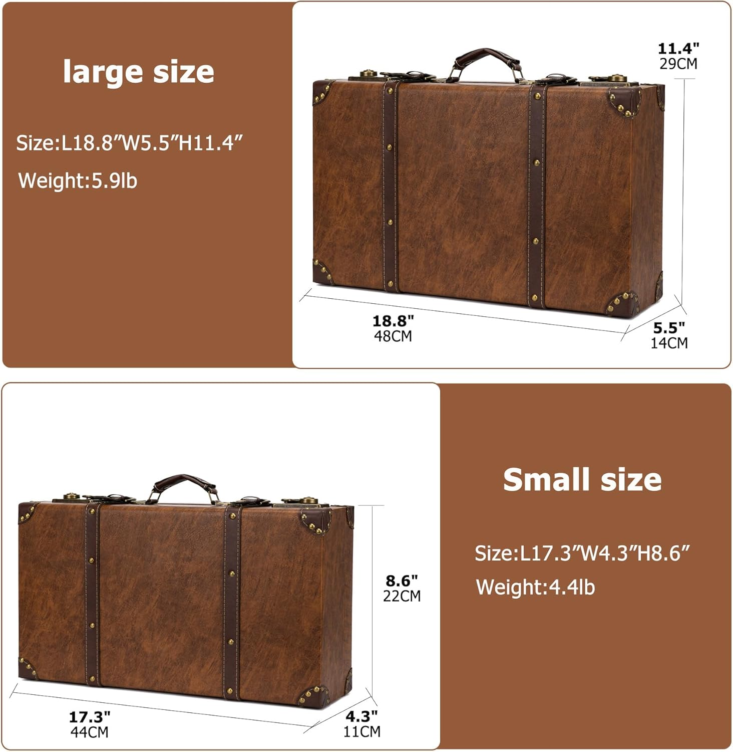 Feilario Vintage Leather Storage Trunk Small Portable Decorative Luggage Suitcase Movie Prop Luggage- 2 Size Option (Brown, S/L Set) image number 2