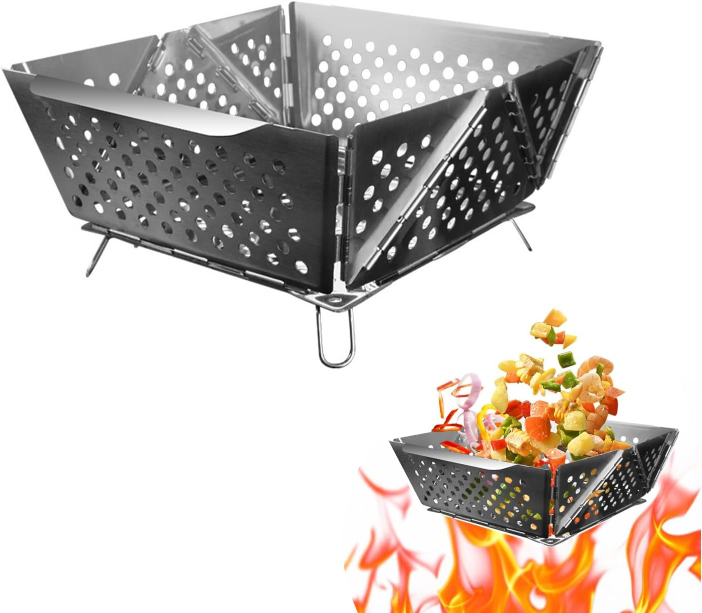 RAXCO BBQ Grill Basket,Foldable Stainless Steel Drain Charcoal Basket,Outdoor Camping Barbecue Accessories image number 2
