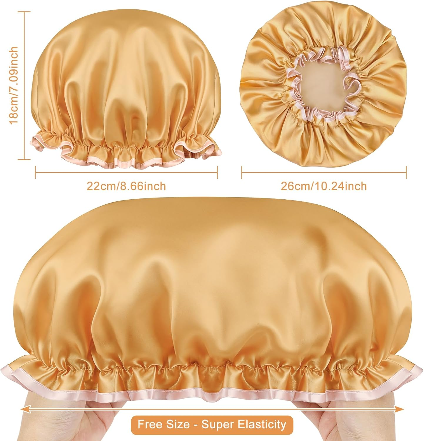 Double Layer Waterproof Shower Cap with Elastic Band, Reusable Bath Cap for Women -Large Waterproof Plastic Shower Hat for Long, Short and Curly Hairs Spa Salon (Champagne) image number 5