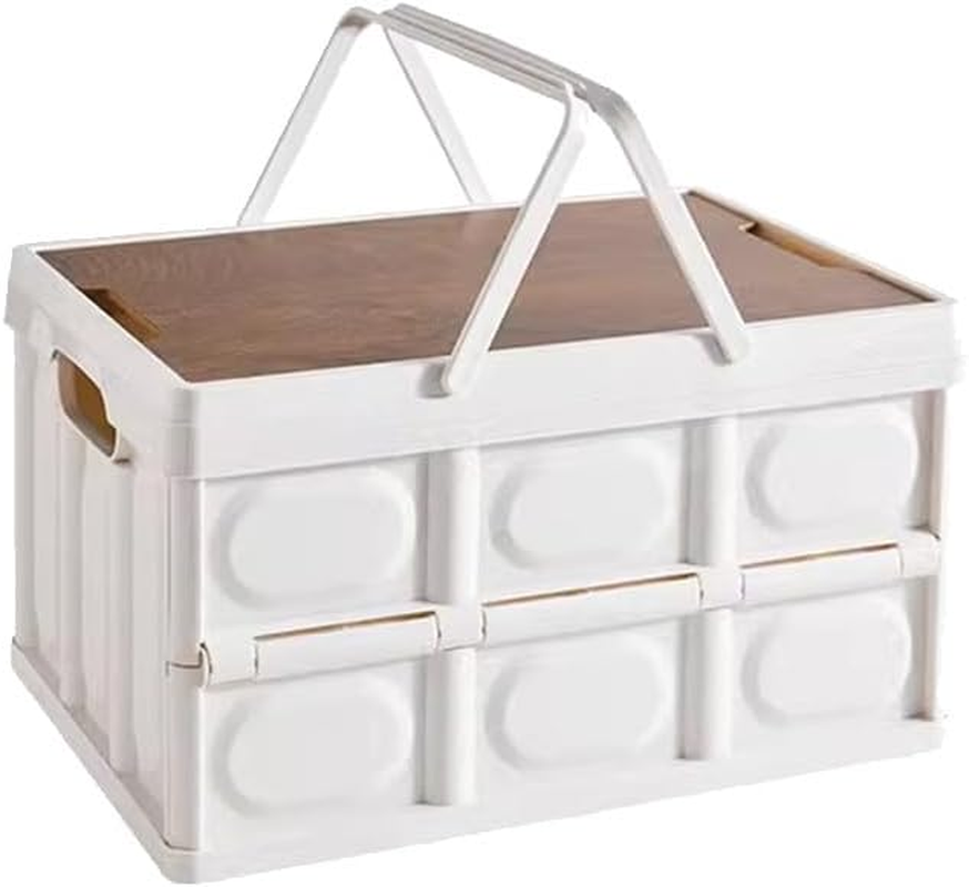Mt Aspire Folding Camping Storage Box with Wood Lids, 30L Picnic Basket, Food Carrier for Outdoor, Fishing and Hiking, Multipurpose Organizer with Handle, White image number 5