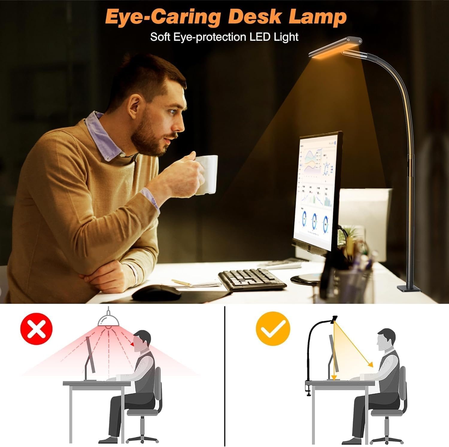 Locinoe LED Desk Lamp for Office Home, Eye-Caring Desk Light with Stepless Dimming Adjustable Flexible Gooseneck, 10W USB Adapter Desk Lamp with Clamp for Reading, Study, Workbench image number 3