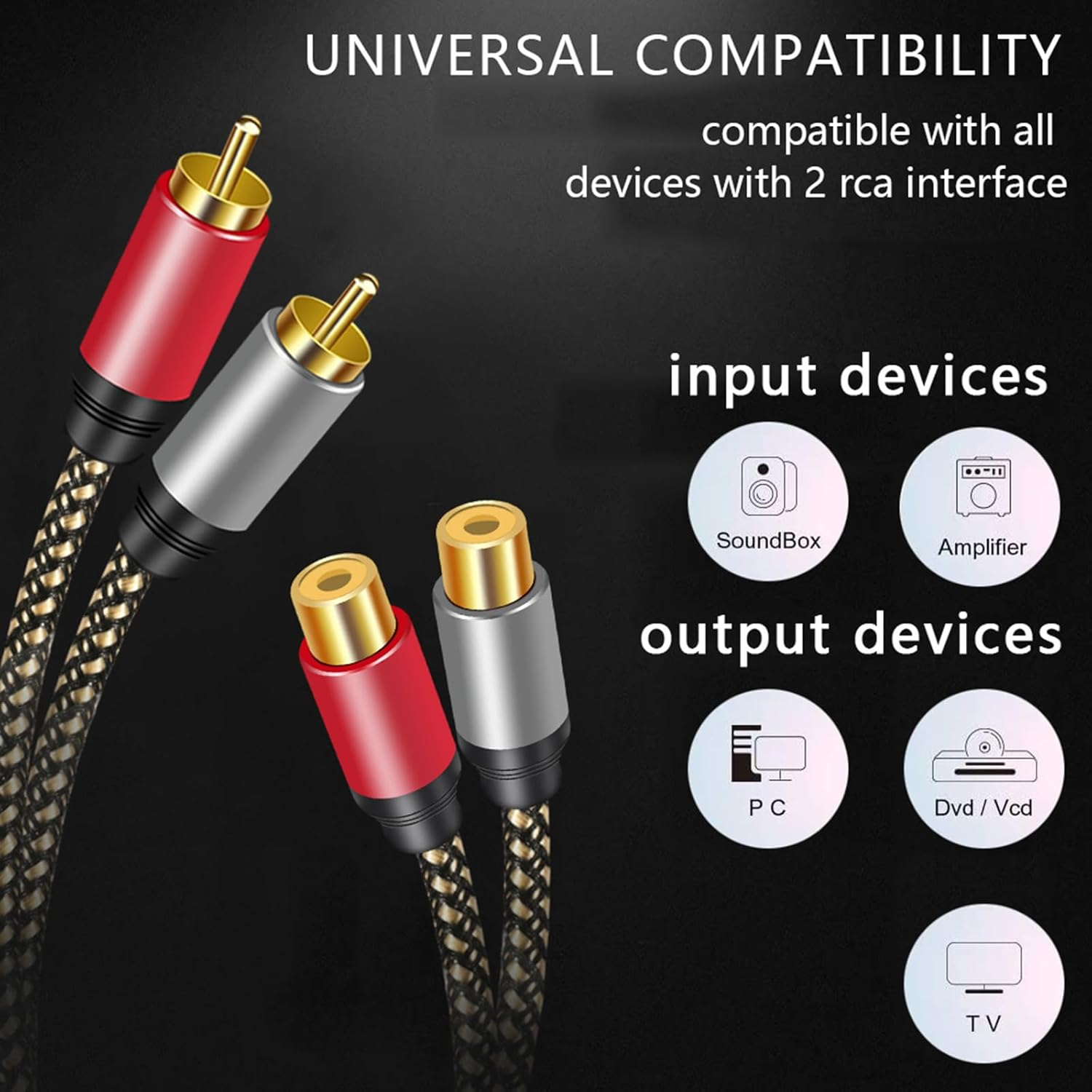 2 RCA Extension Cable 3M, 2RCA Male to 2RCA Female Stereo Audio Subwoofer Cable Nylon-Braided Cord Gold Plated Plug for Home Theater, HDTV, Car Audio, Speakers, Hi-Fi Systems image number 4