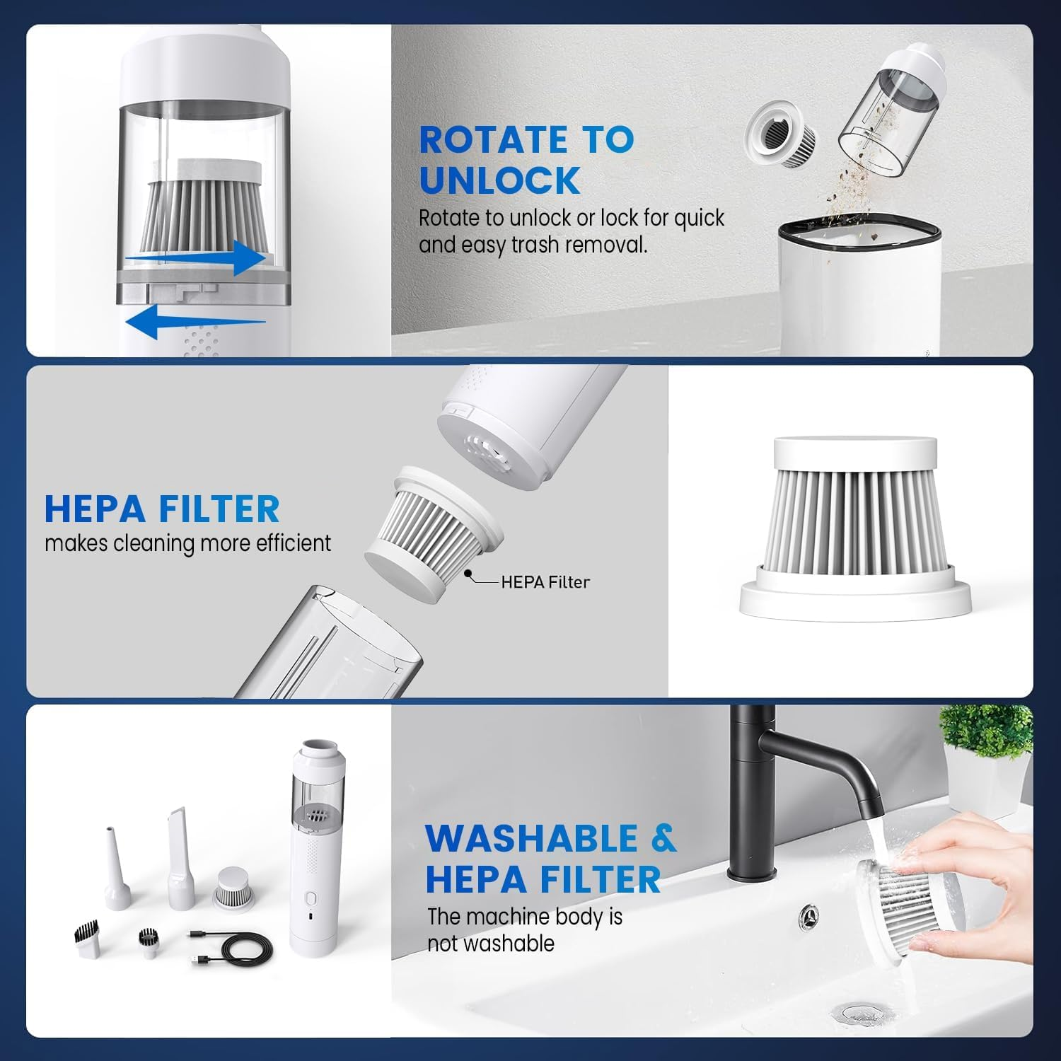 Car Vacuum 11000 Pa Handheld Vacuum Cleaner Test Winner 3600Mah with Charging Cable Handheld Vacuum Cleaner Battery Wireless Wet & Dry with Washable HEPA Filter Handheld Vacuumcleaner image number 4