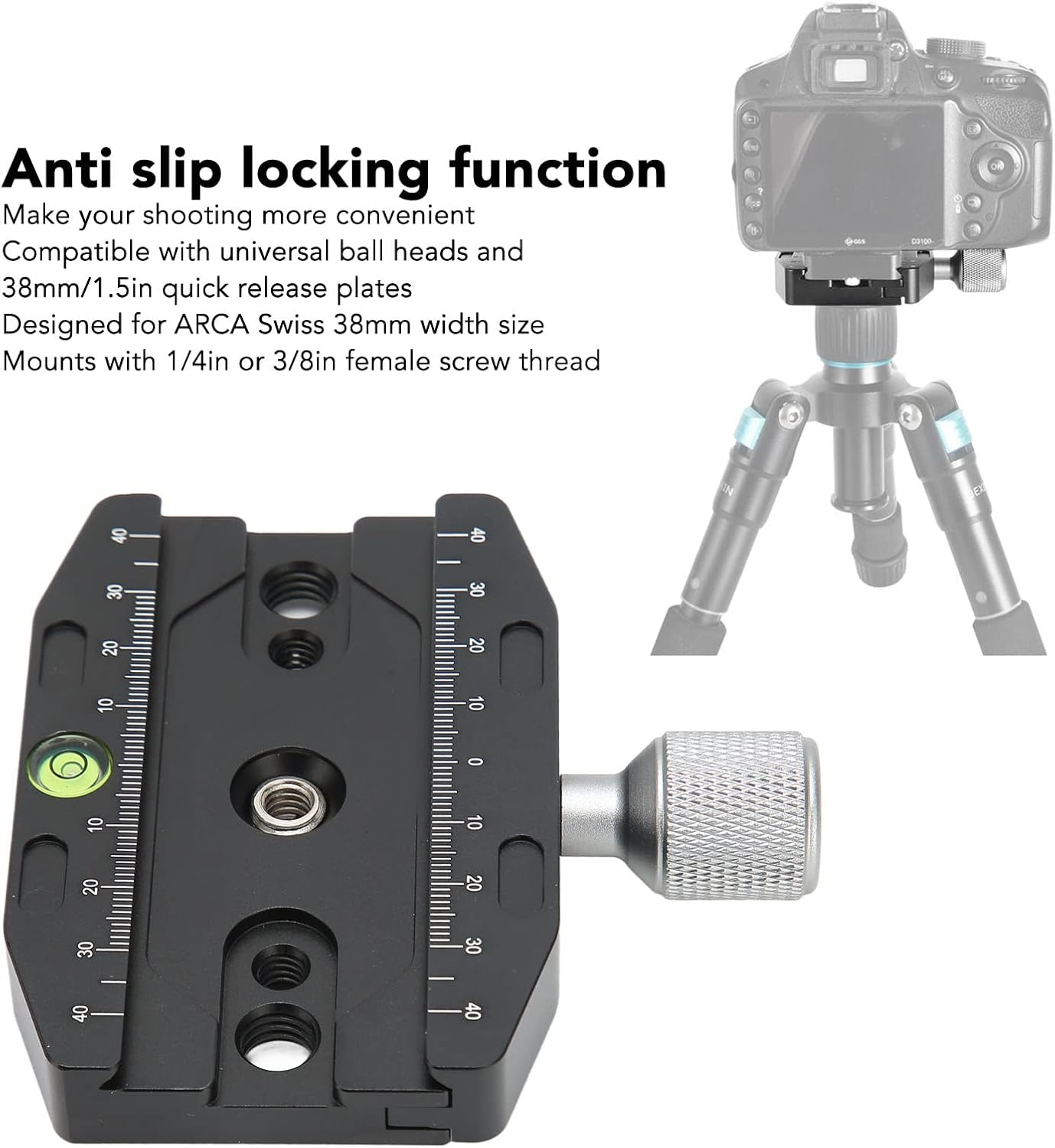 Ejoyous ARCA Swiss Standard Quick Release Plate Clamp (38Mm Width) Low-Density Metal Chemical Oxidation, Anti-Fingerprint Non-Slip Locking Fits 1/4"&3/8" Screws for Camera/Projector image number 6