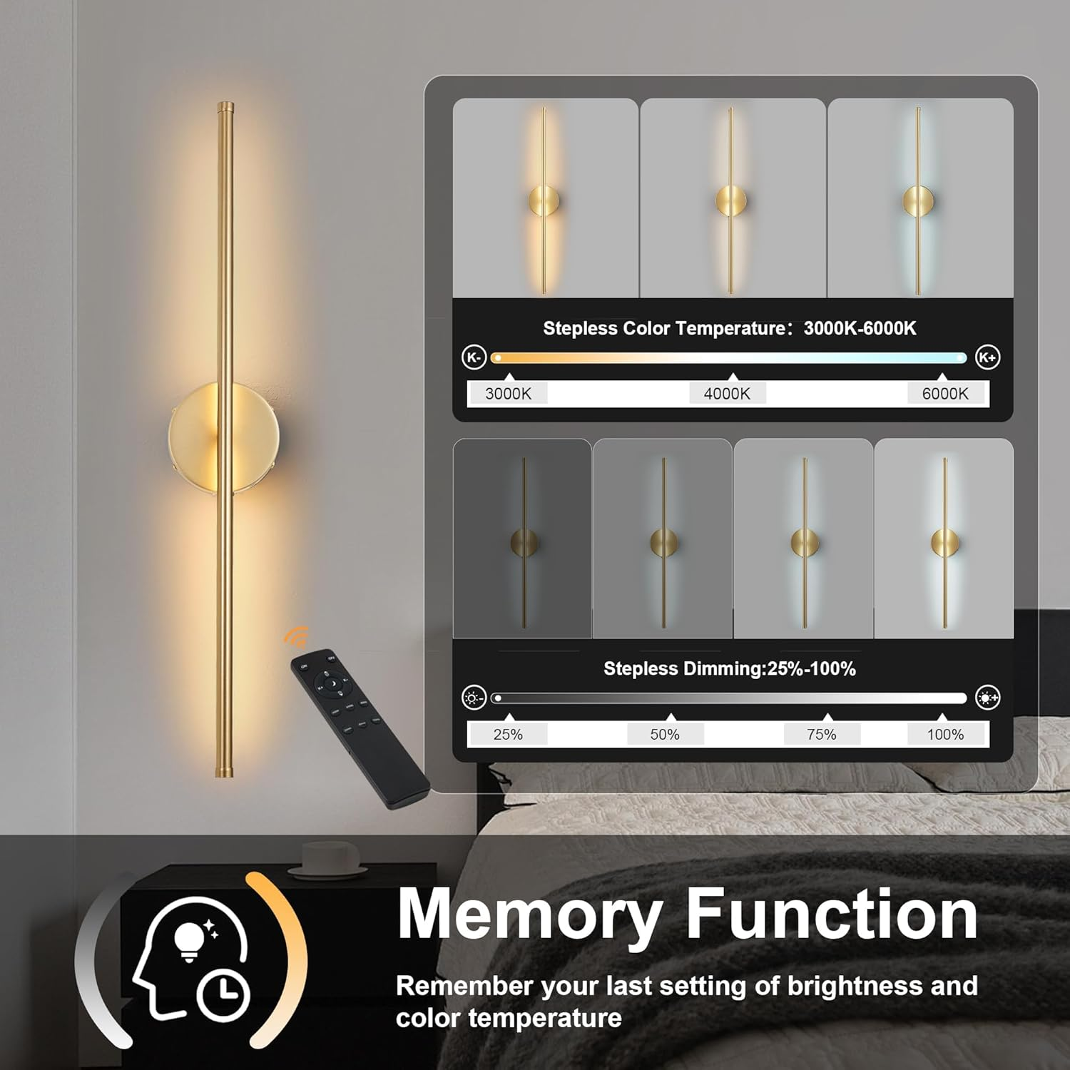 Battery Operated Wall Sconces with Remote Control,Wall Sconces Set of 2,3000K-6000K LED Wireless Wall Light for Bedroom, Hallway, Wall, 360&deg;Rotate,28.3 Inch, 2 Pack Gold round Base image number 3