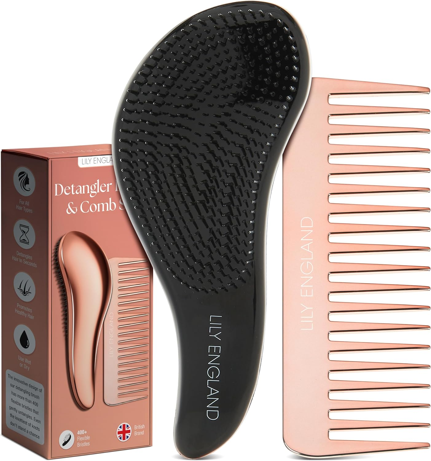 Lily England Detangling Comb & Hair Brush Set - Wide Tooth Comb for Curly, Straight, Thick, Fine & Wet Hair - Gentle & Pain-Free Detangler for Women & Kids - Lightweight Haircare Tools, Rose-Gold