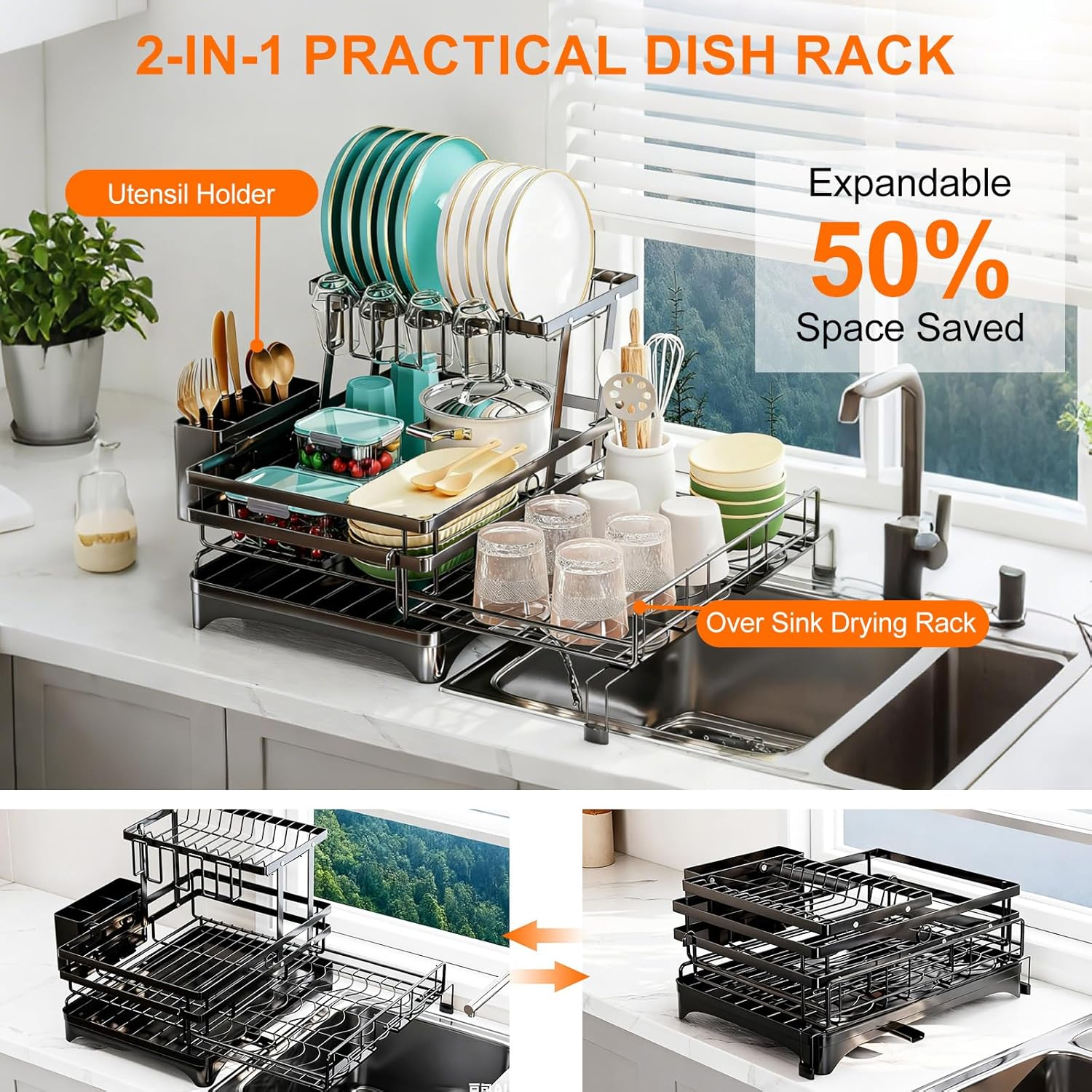 Expandable 2-In-1 Dish Drying Rack, 2-Tier Dish Rack with 360&deg; Rotating Drainer Board, Carbon Steel Dish Drainerwith Cutlery Utensil Rack & Holders for Kitchen Storage & Organisation image number 4