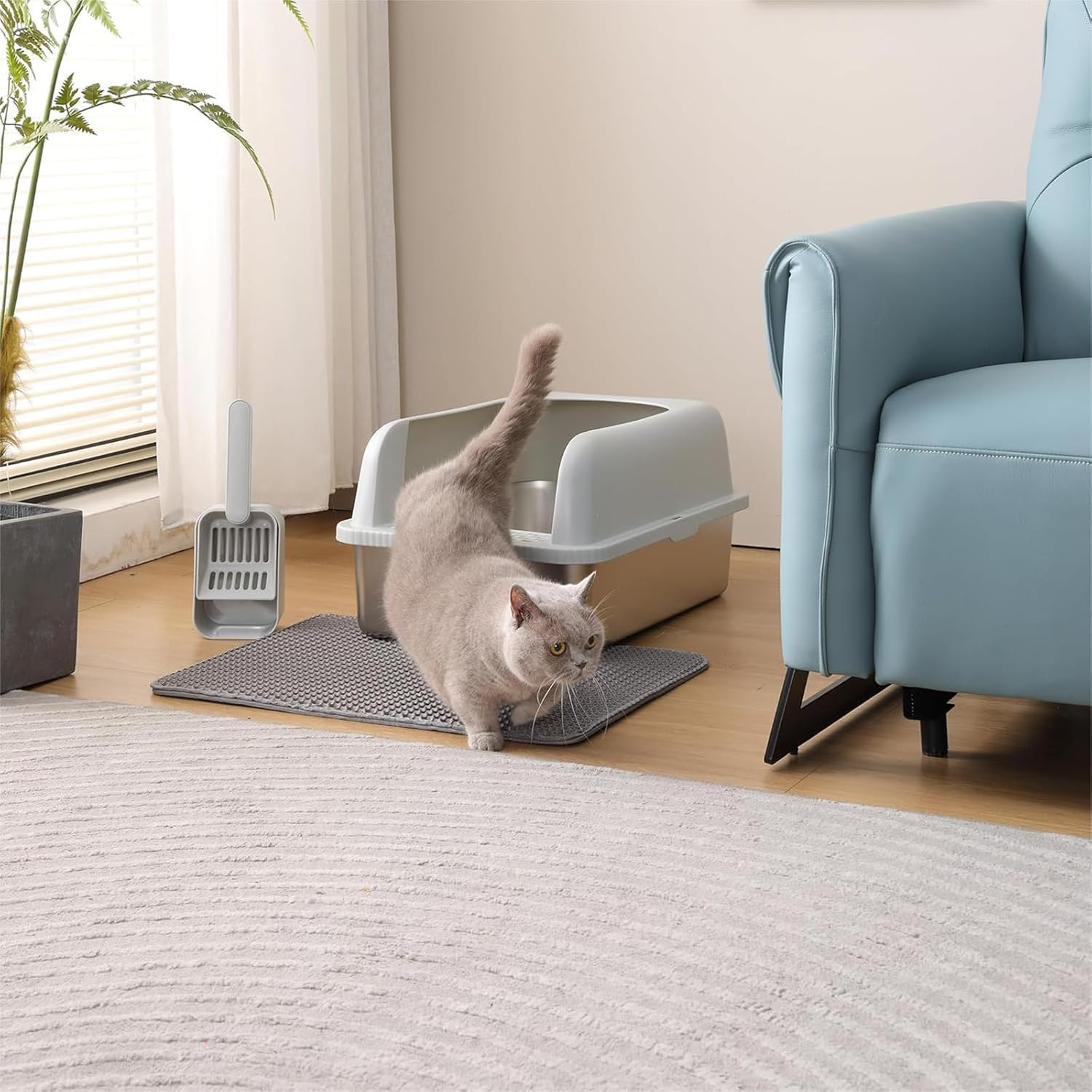 KELIOO Cat Litter Box, Extra Large Stainless Steel Litter Box with Cat Mat and Scoop, Metal Kitty Litter Boxes High Sided, Non-Sticky, Anti-Urine Leakage, Easy Cleaning image number 5