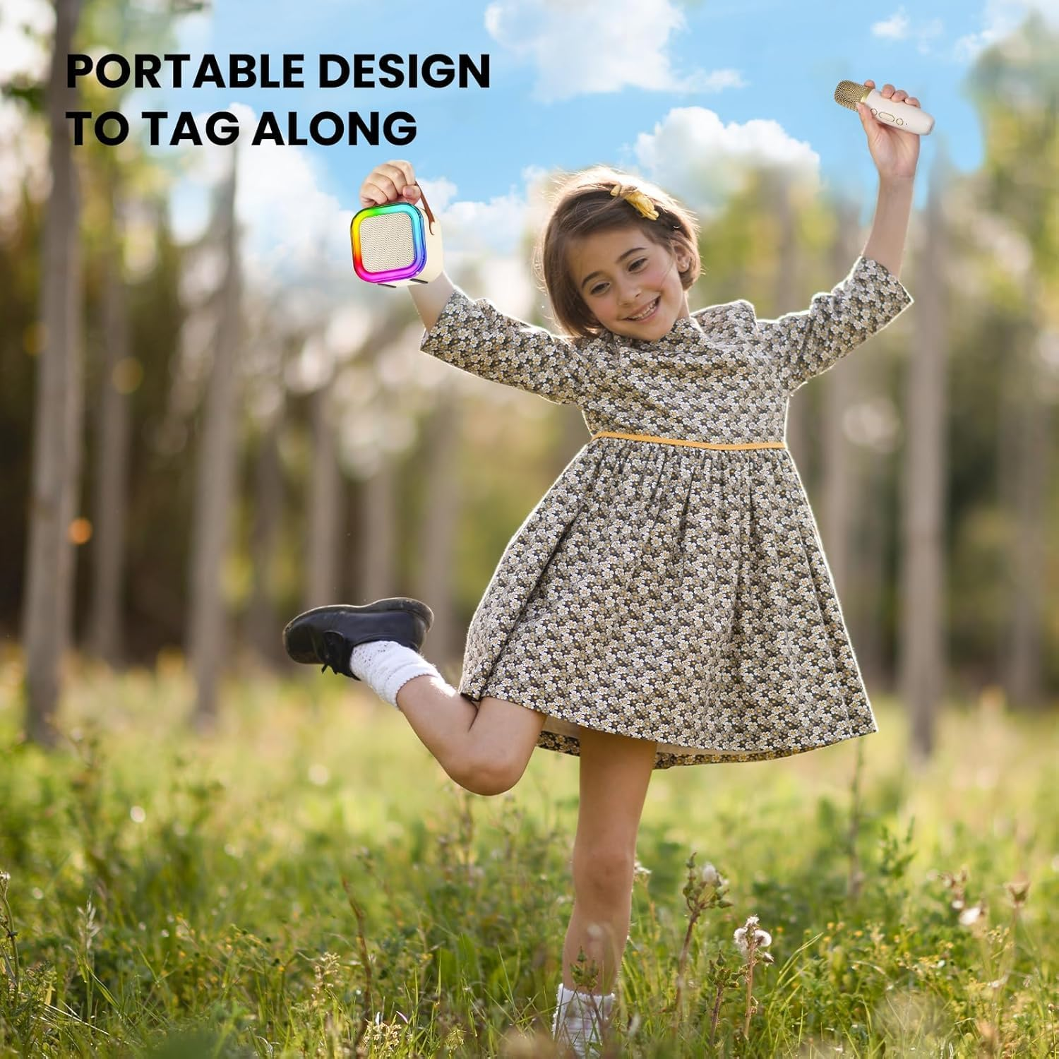 Kids Karaoke Machine, Adult Karaoke Machine with 2 Wireless Microphones, Portable Bluetooth Speaker Gift with Colorful Lights for Boys Girls Toy Family Train Dance Guide Party (Beige) image number 3