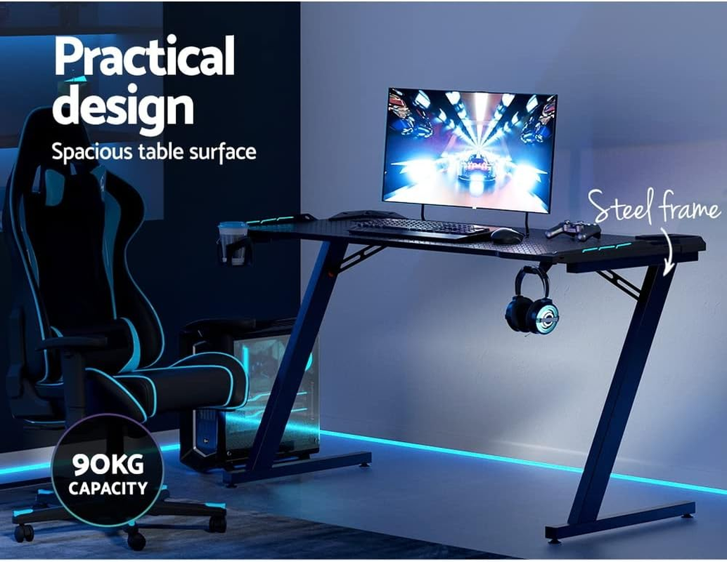 Artiss 140Cm Length Gaming Desk, Standing Computer Office Desks Study Table Work Tables Workstation Home Storage Furnishings, with RGB LED Lights Adjustable Cup Holder Headphone Hook Cable Holes Black image number 1