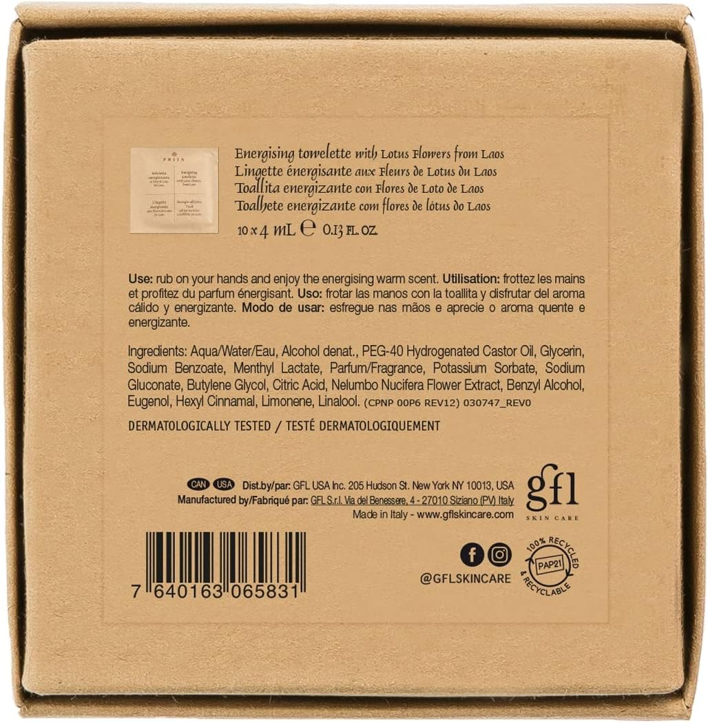 Prija Energising Towelettes Gift Pack for Sanitasing and Moisturising Hands, Luxurious Travel Wet Wipes with Lotus Flower, Premium Natural Viscose Wipes in Gift Box 10 X 4Ml