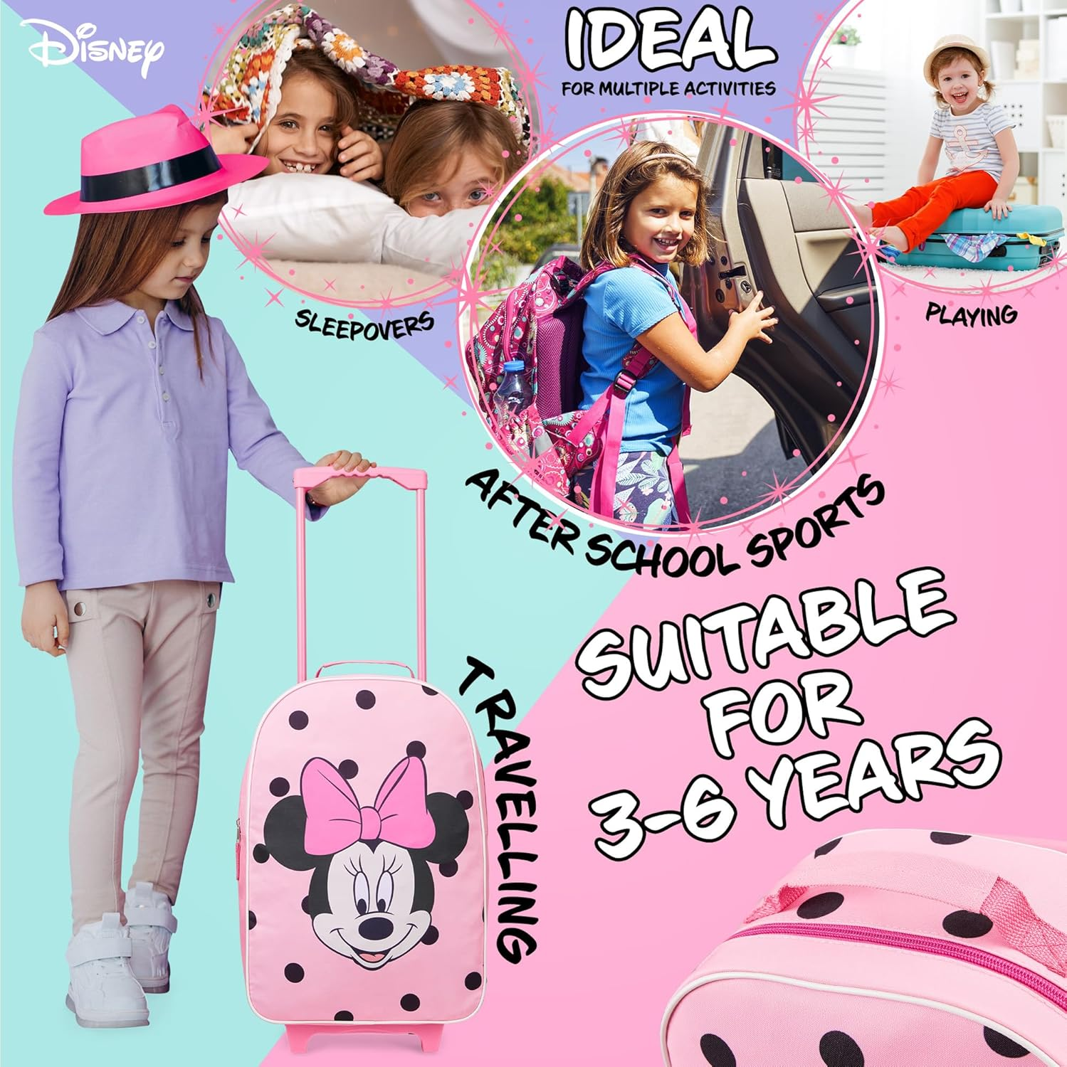 Disney Kids Suitcase - Foldable Trolley Bag 47 X 30Cm, 2 Wheels Extendable Handle - Kids Gifts, Pink Minnie, One Size, Children'S Luggage