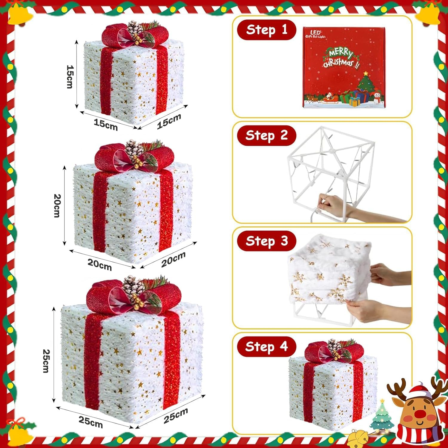 Christmas Lighted Gift Boxes Decorations, Set of 3 Light up Present Boxes Ornament with 8 Flashing Modes & Function, Christmas Tree Decorations for Indoor Home, Party, Lawn Decor image number 4