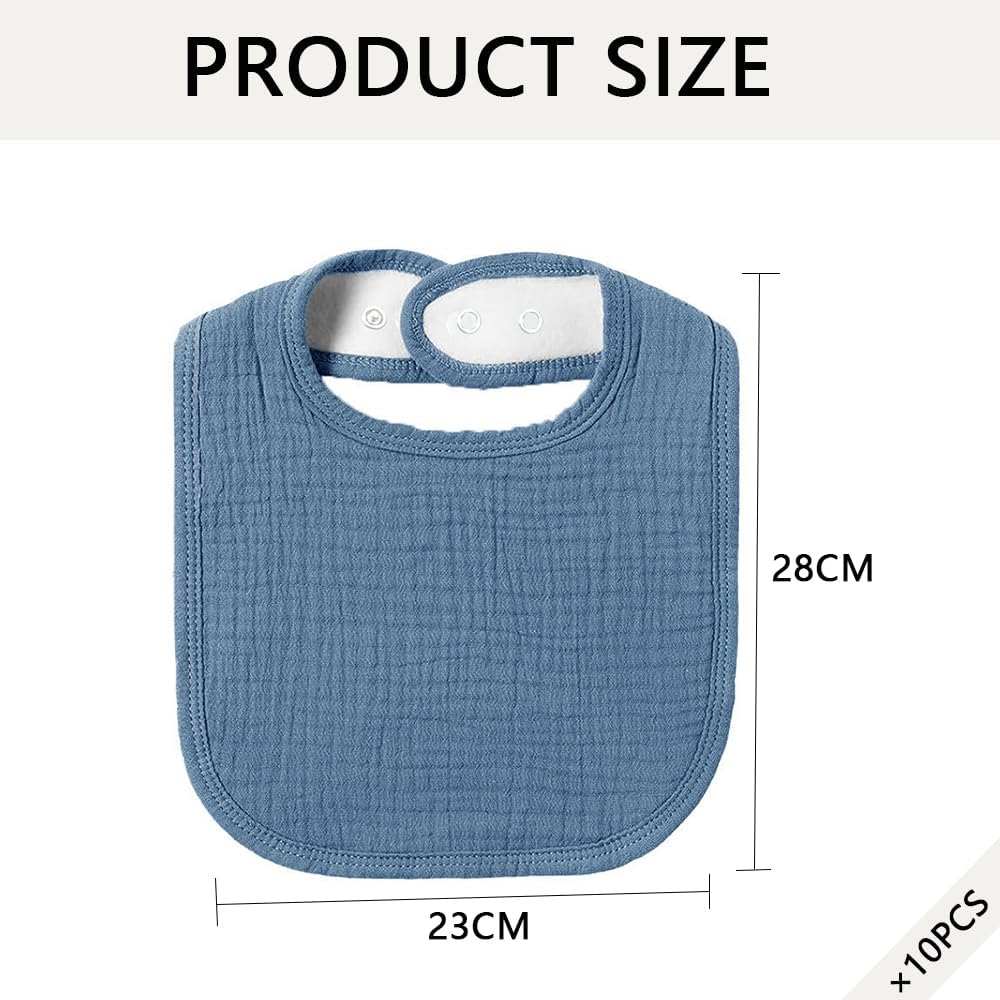 10-Pack Muslin Baby Bibs &ndash; Soft Cotton Bandana Drool Bibs for Unisex Newborns, Infants & Toddlers, Adjustable Absorbent Bib Set for Teething & Drooling (Solid Colors) image number 5